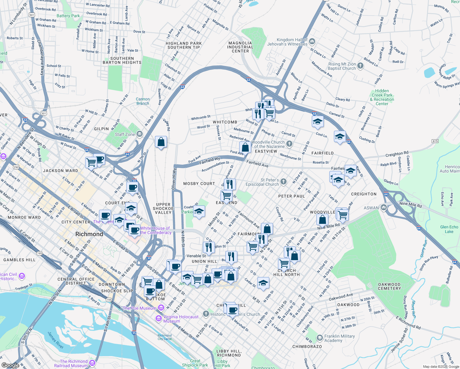 map of restaurants, bars, coffee shops, grocery stores, and more near 1422 Mechanicsville Turnpike in Richmond