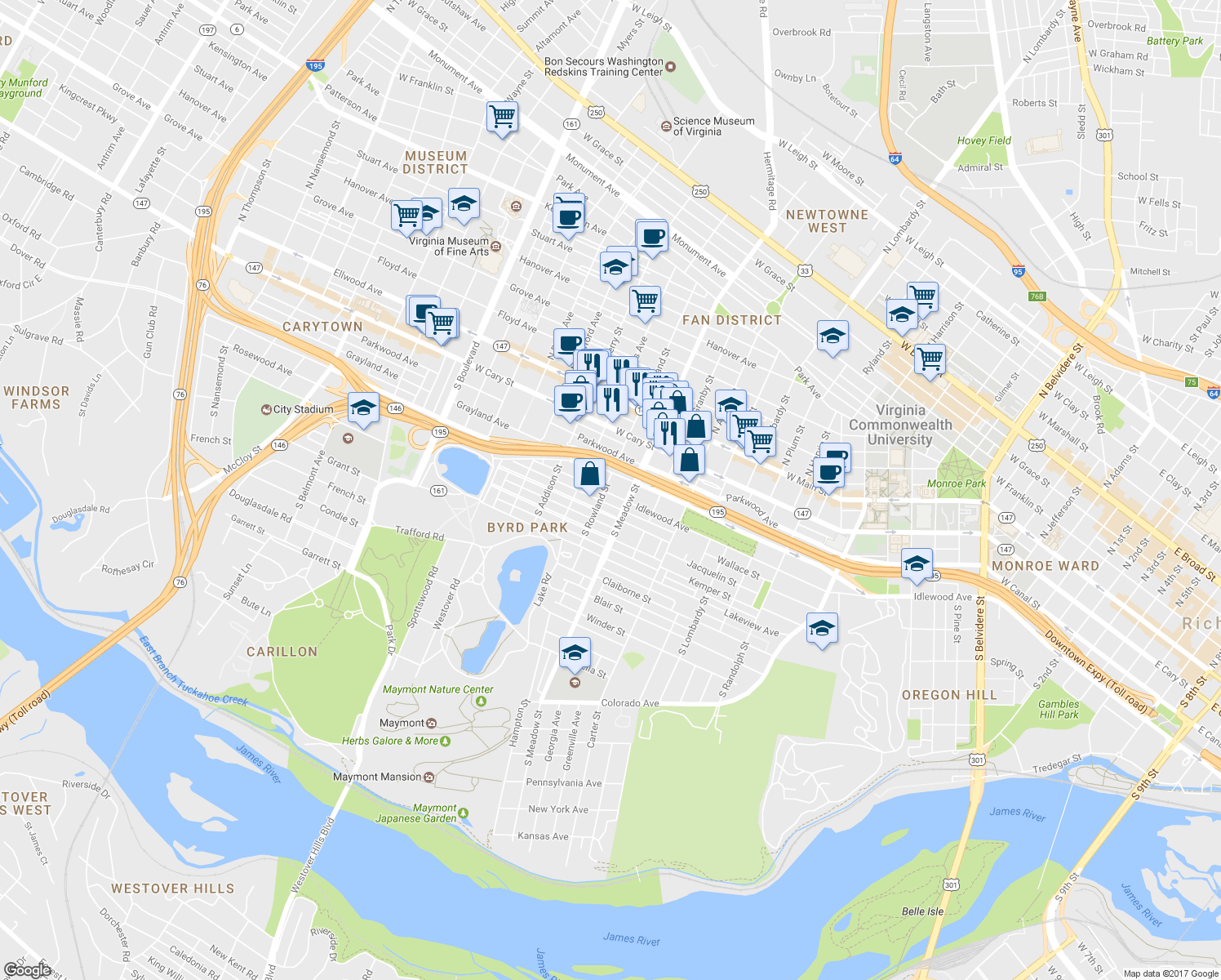 map of restaurants, bars, coffee shops, grocery stores, and more near 2020 Idlewood Avenue in Richmond