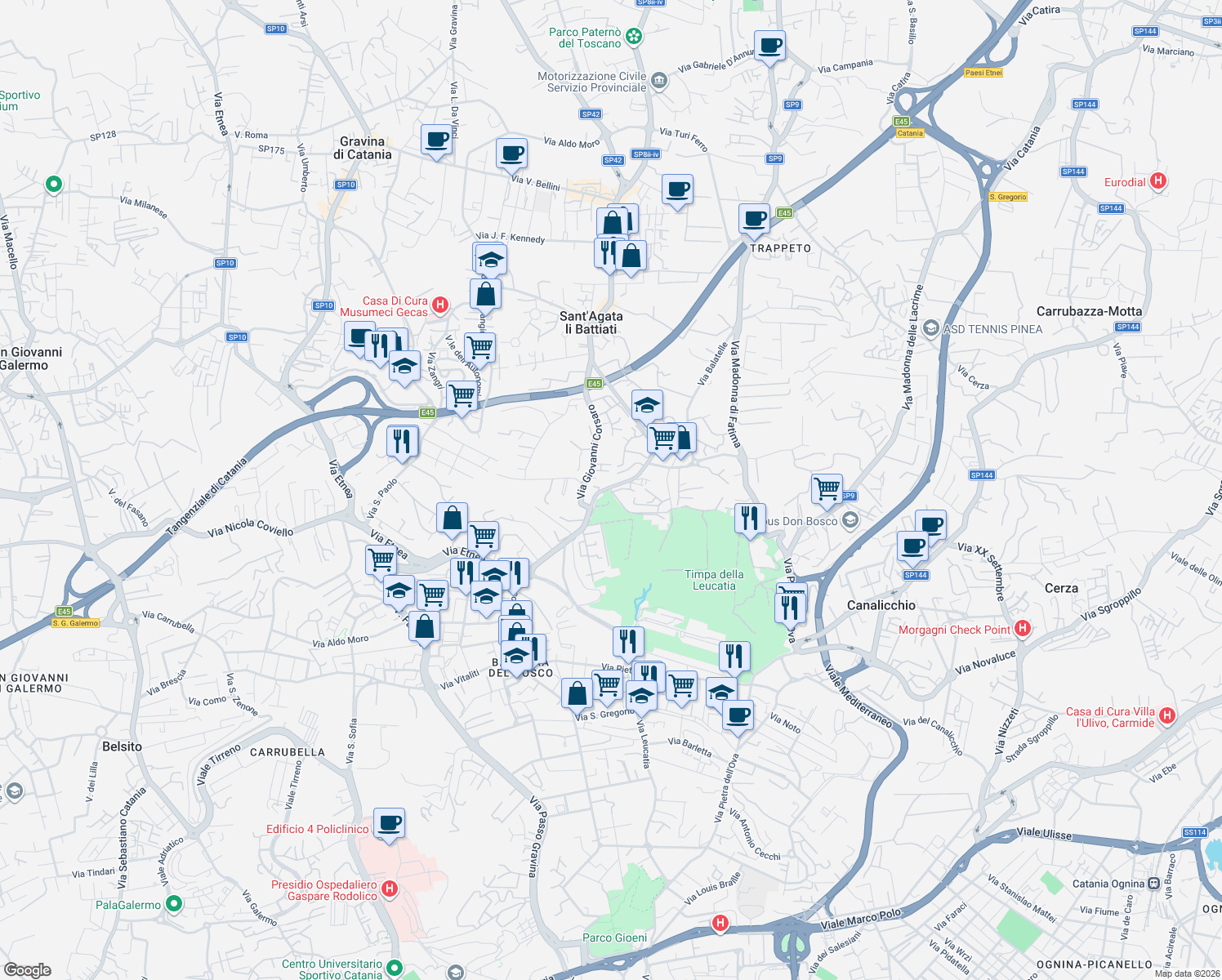 map of restaurants, bars, coffee shops, grocery stores, and more near 53 Via Barriera del Bosco in Sant'Agata li Battiati