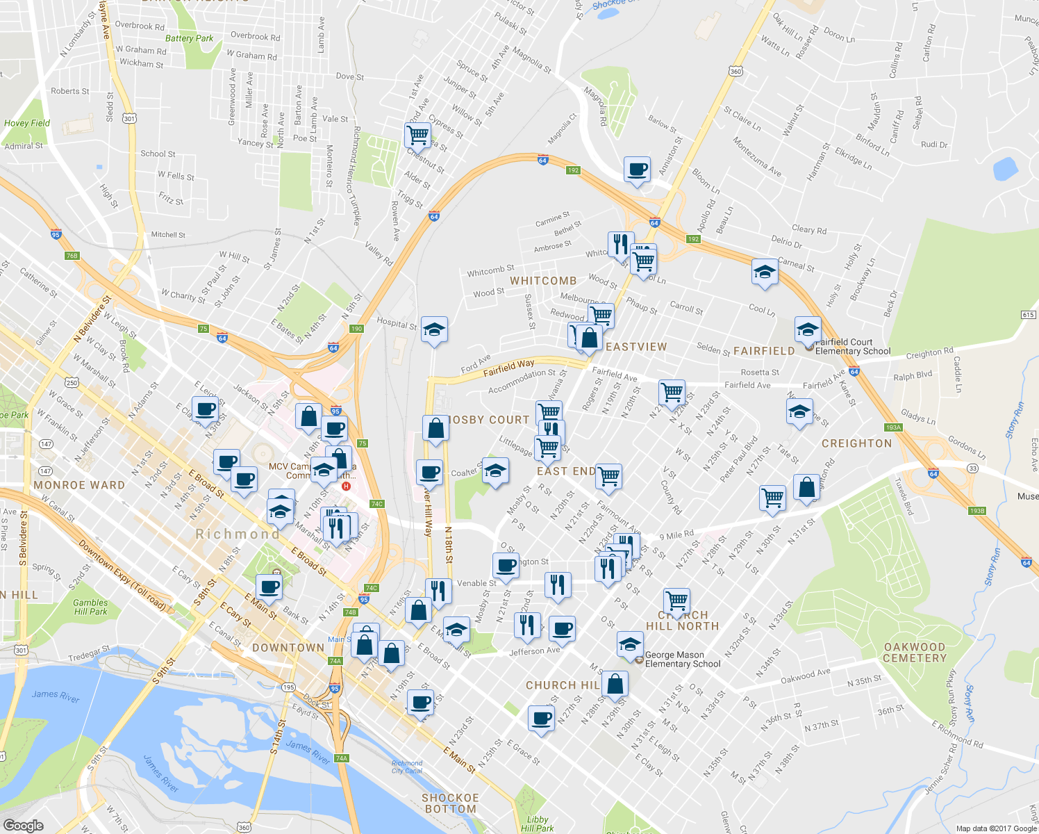 map of restaurants, bars, coffee shops, grocery stores, and more near 2106 Redd Street in Richmond