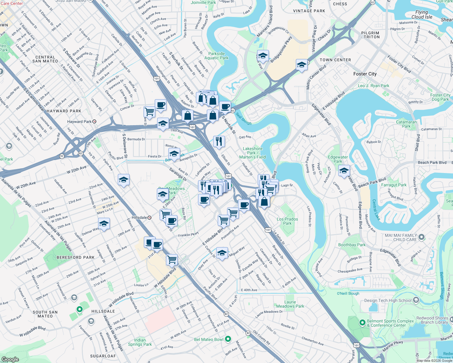 map of restaurants, bars, coffee shops, grocery stores, and more near 1373 Wayne Way in San Mateo