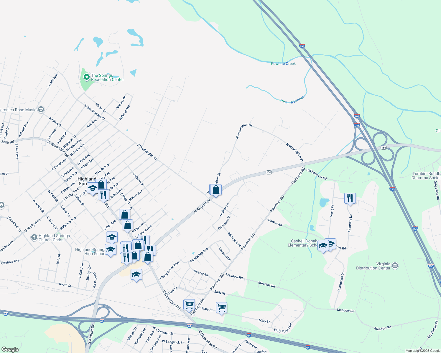 map of restaurants, bars, coffee shops, grocery stores, and more near 1401 North Washington Street in Highland Springs