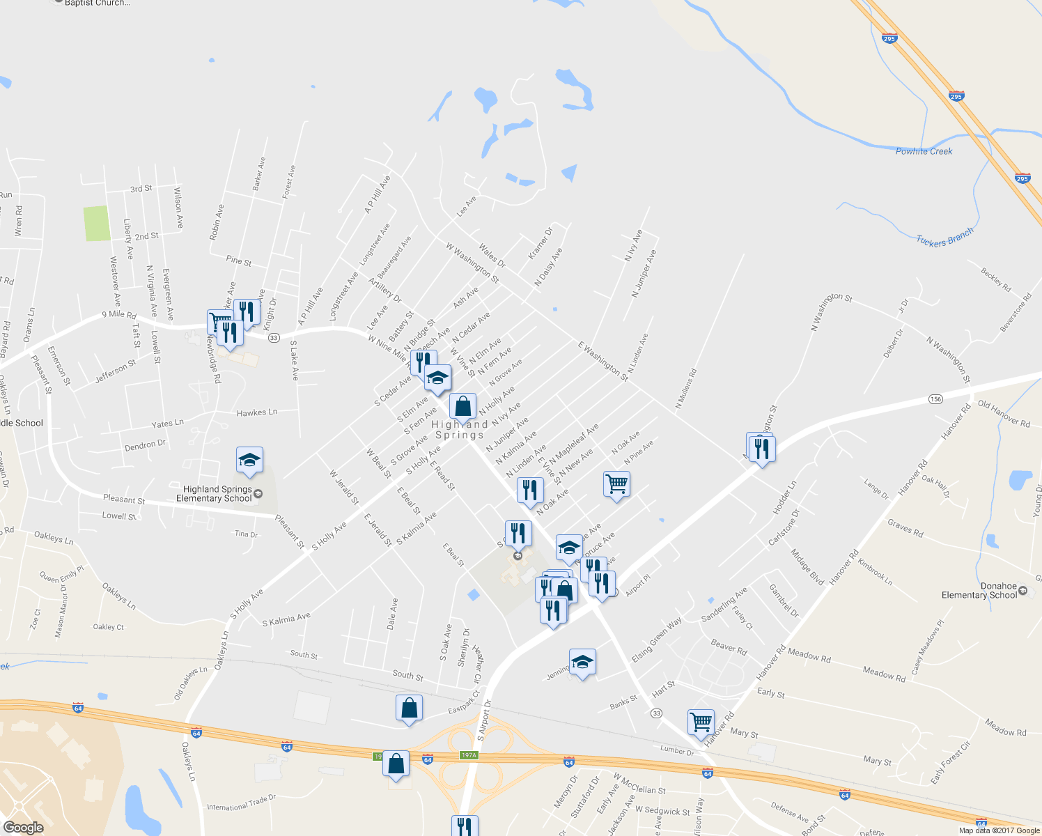 map of restaurants, bars, coffee shops, grocery stores, and more near 106 North Juniper Avenue in Highland Springs
