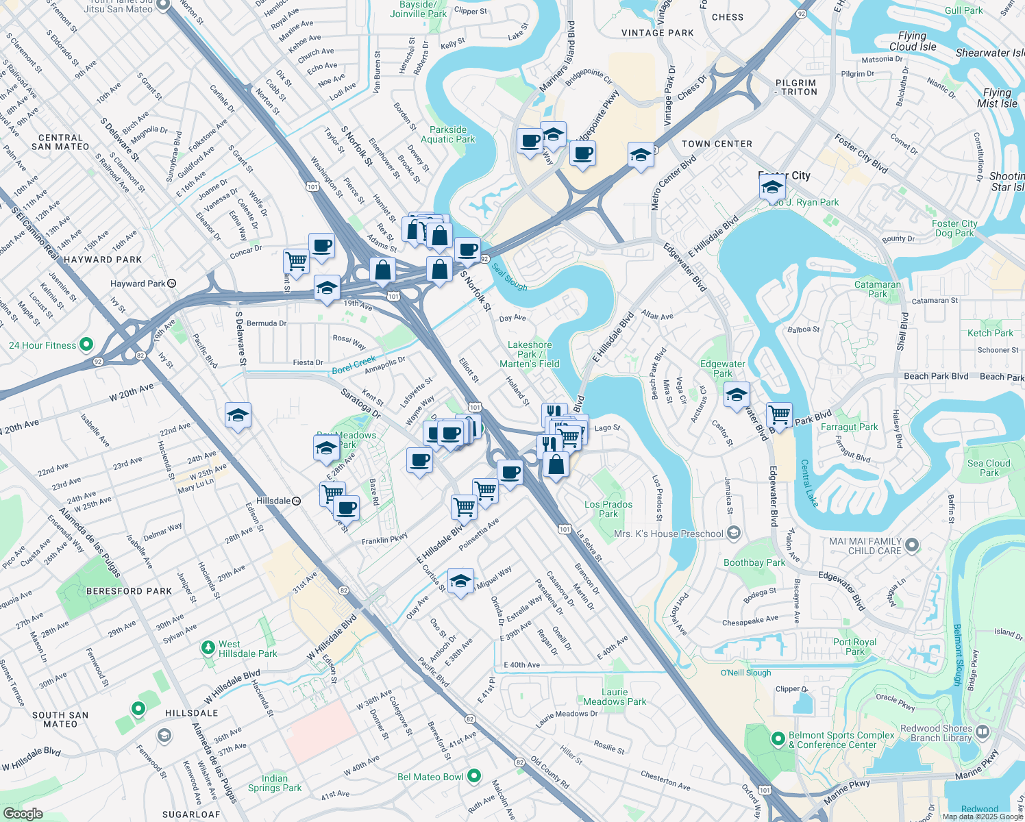 map of restaurants, bars, coffee shops, grocery stores, and more near 2736 Foster St in San Mateo