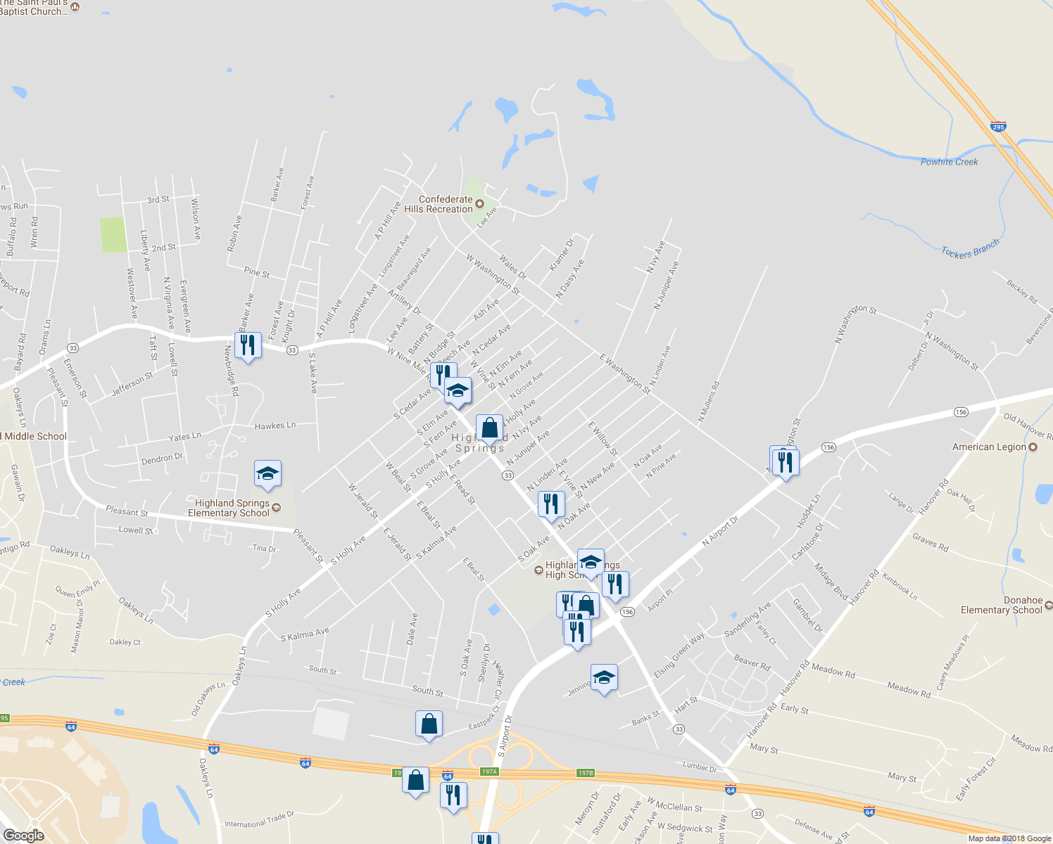 map of restaurants, bars, coffee shops, grocery stores, and more near 100 North Ivy Avenue in Henrico