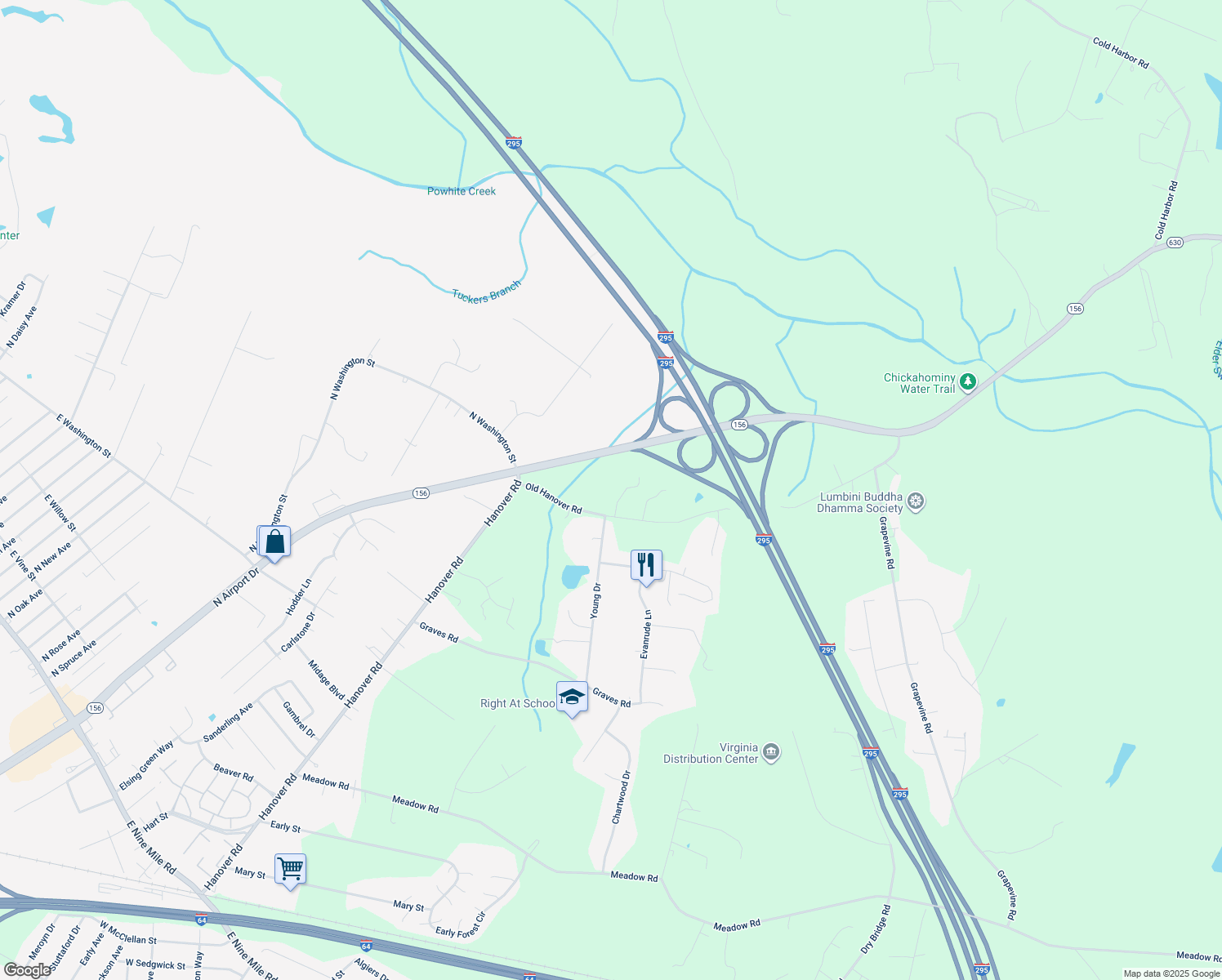 map of restaurants, bars, coffee shops, grocery stores, and more near 608 Stanwich Court in Sandston