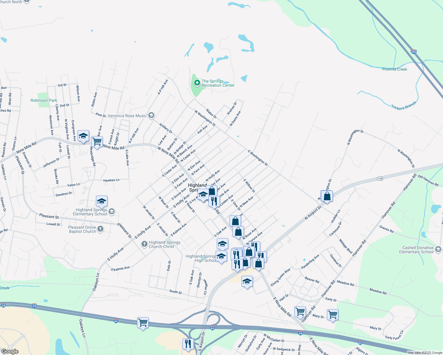 map of restaurants, bars, coffee shops, grocery stores, and more near 108 North Ivy Avenue in Henrico