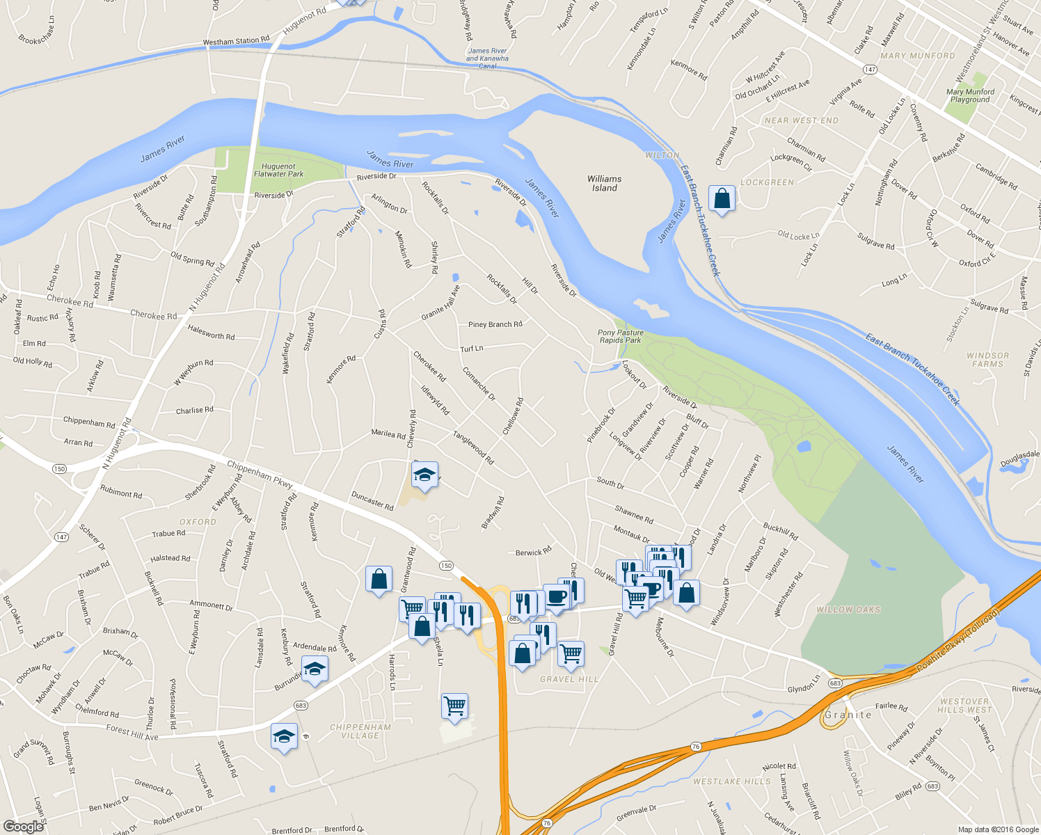 map of restaurants, bars, coffee shops, grocery stores, and more near 7452 Comanche Drive in Richmond