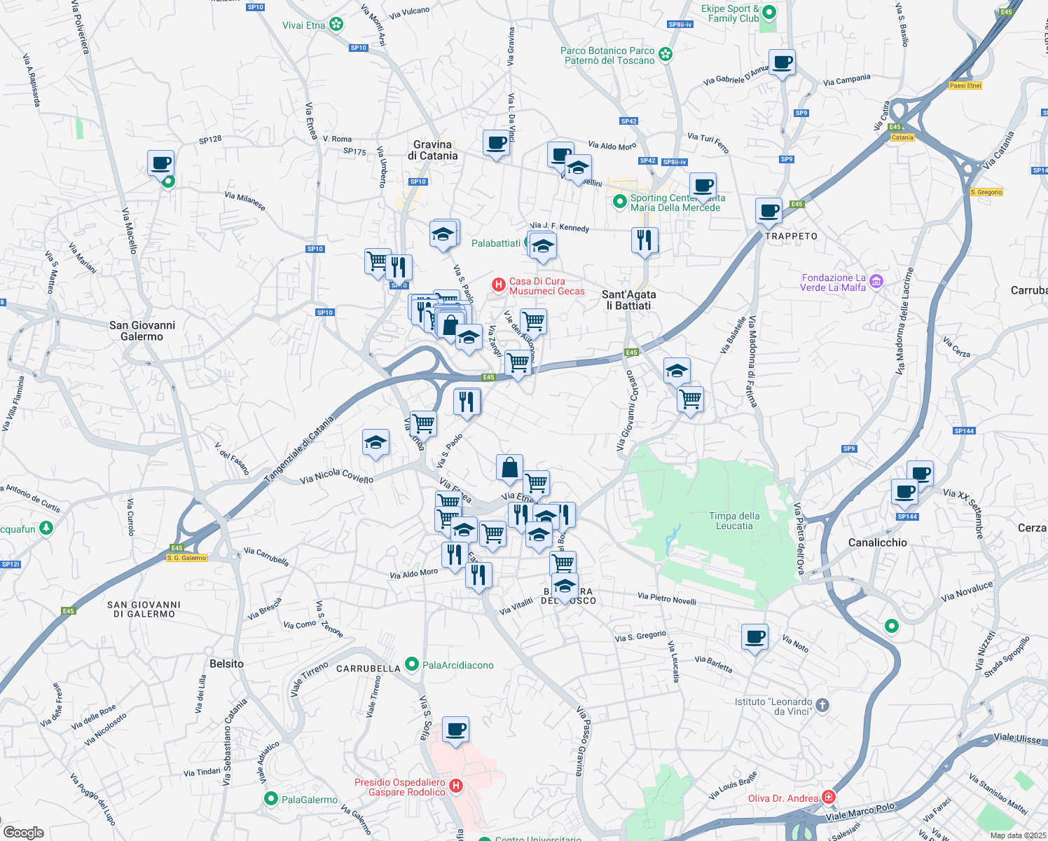 map of restaurants, bars, coffee shops, grocery stores, and more near 26 Via Trieste in Gravina di Catania