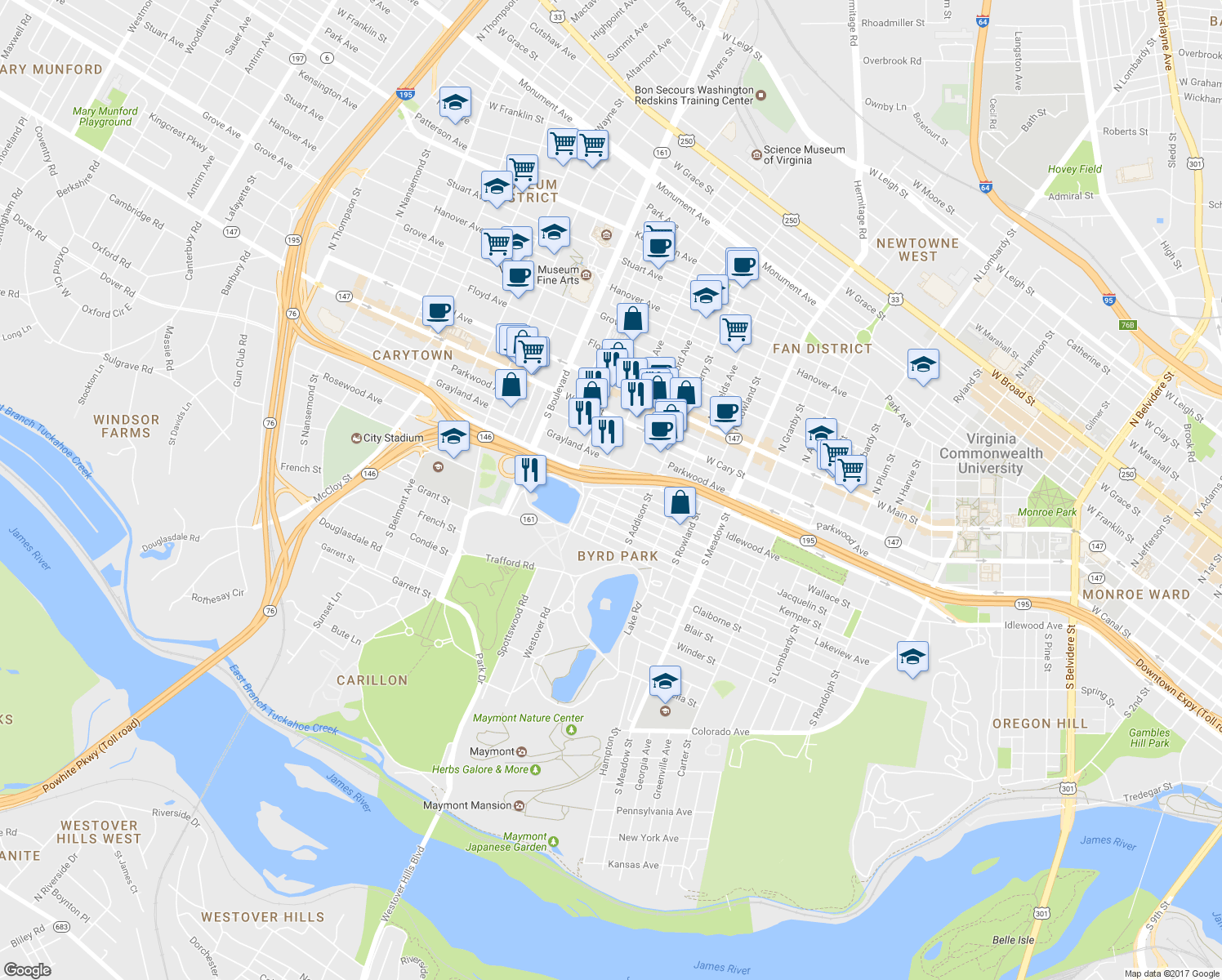 map of restaurants, bars, coffee shops, grocery stores, and more near 2404 Grayland Avenue in Richmond