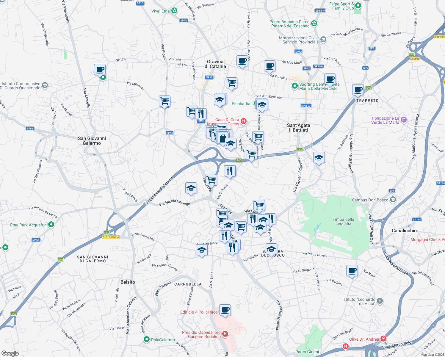 map of restaurants, bars, coffee shops, grocery stores, and more near 18 Via Don Luigi Sturzo in Gravina di Catania