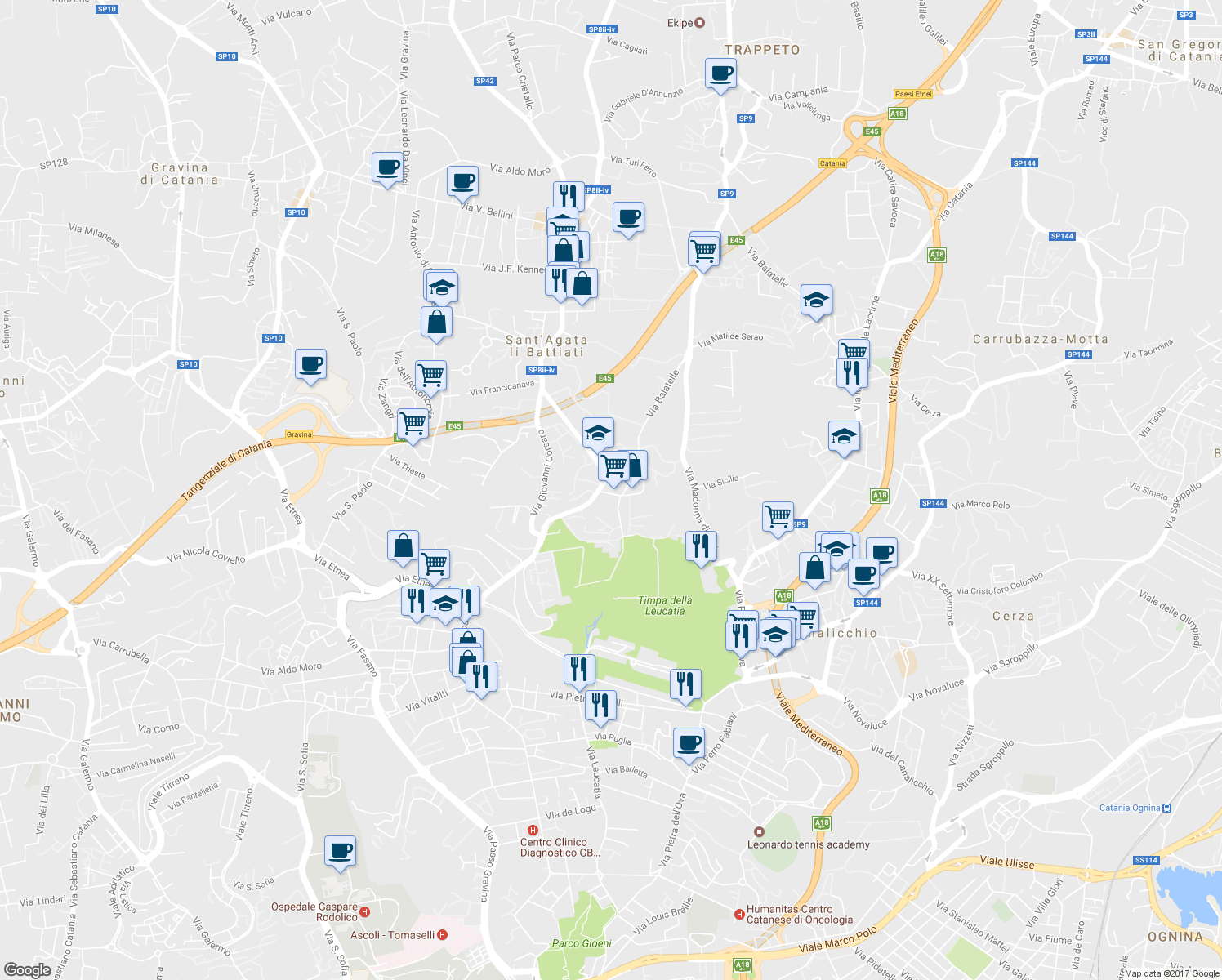 map of restaurants, bars, coffee shops, grocery stores, and more near 3 Via Balatelle in Sant'agata Li Battiati