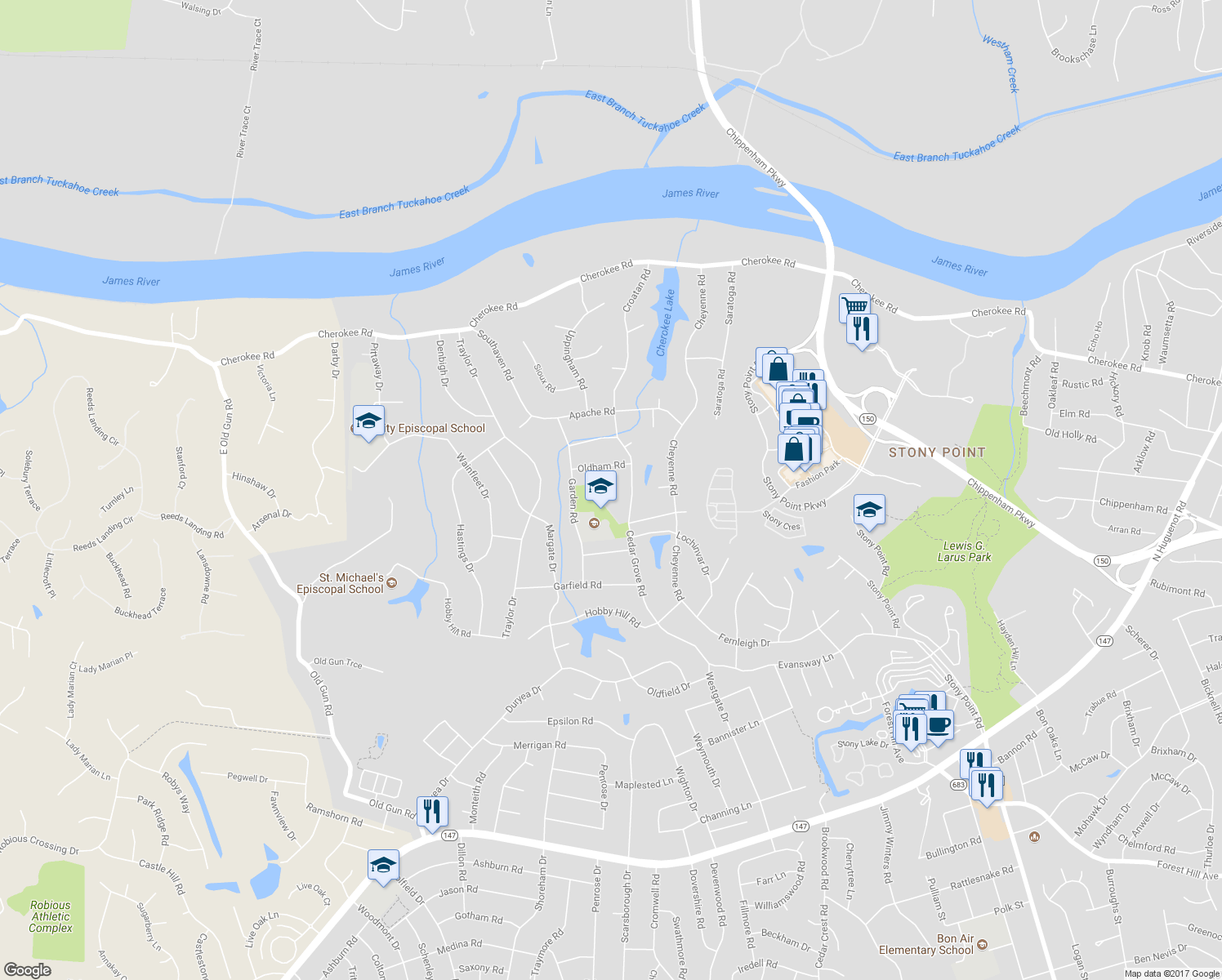 map of restaurants, bars, coffee shops, grocery stores, and more near 3801 Oldham Court in Richmond