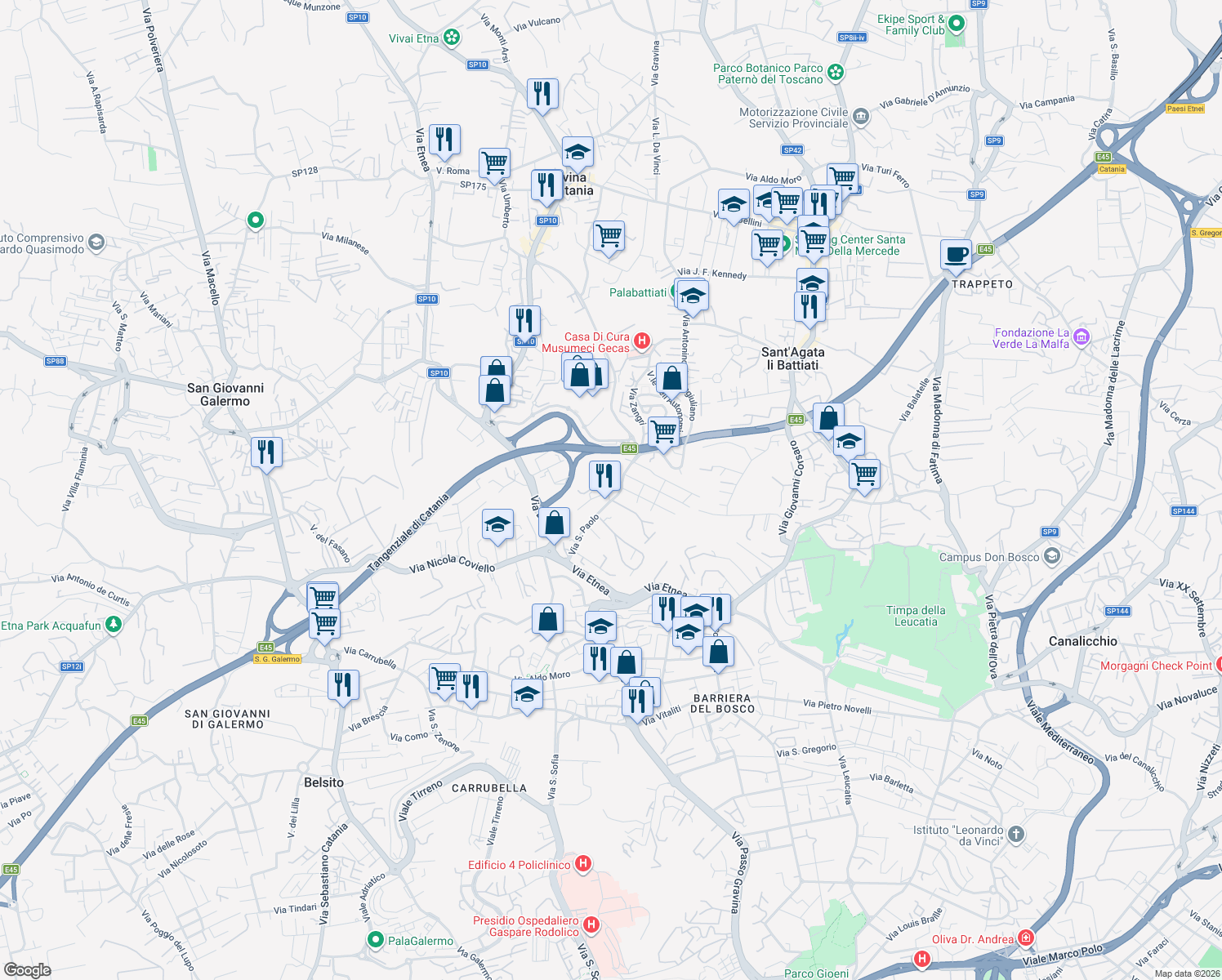 map of restaurants, bars, coffee shops, grocery stores, and more near Via San Domenico Salvo in Gravina di Catania