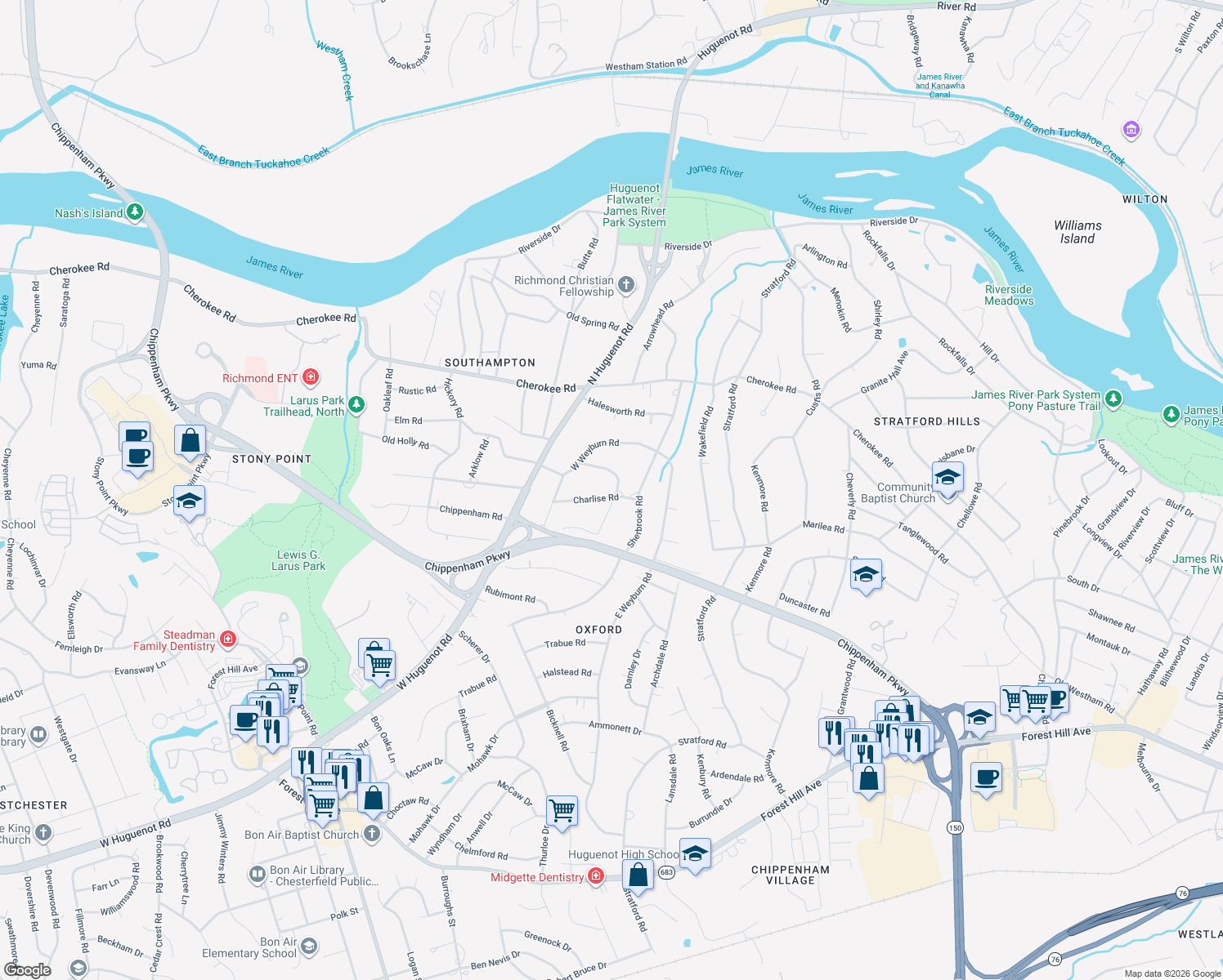 map of restaurants, bars, coffee shops, grocery stores, and more near 3808 Whitewood Road in Richmond