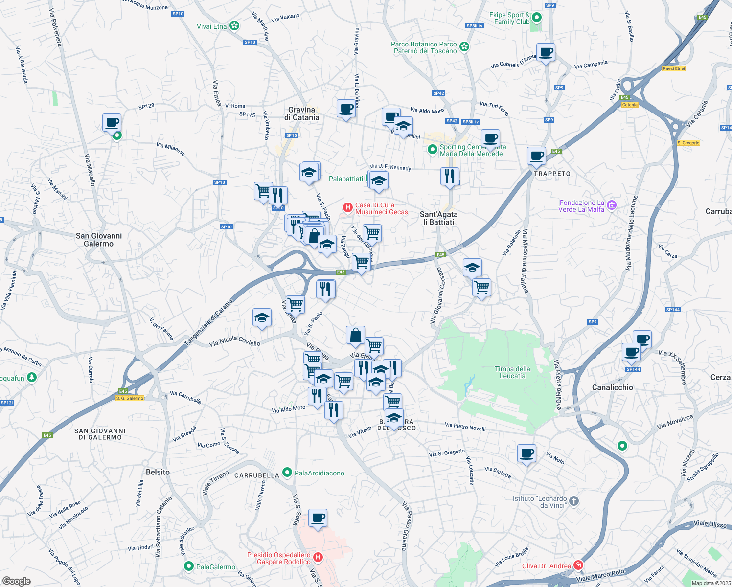 map of restaurants, bars, coffee shops, grocery stores, and more near 26 Via Trieste in Gravina di Catania