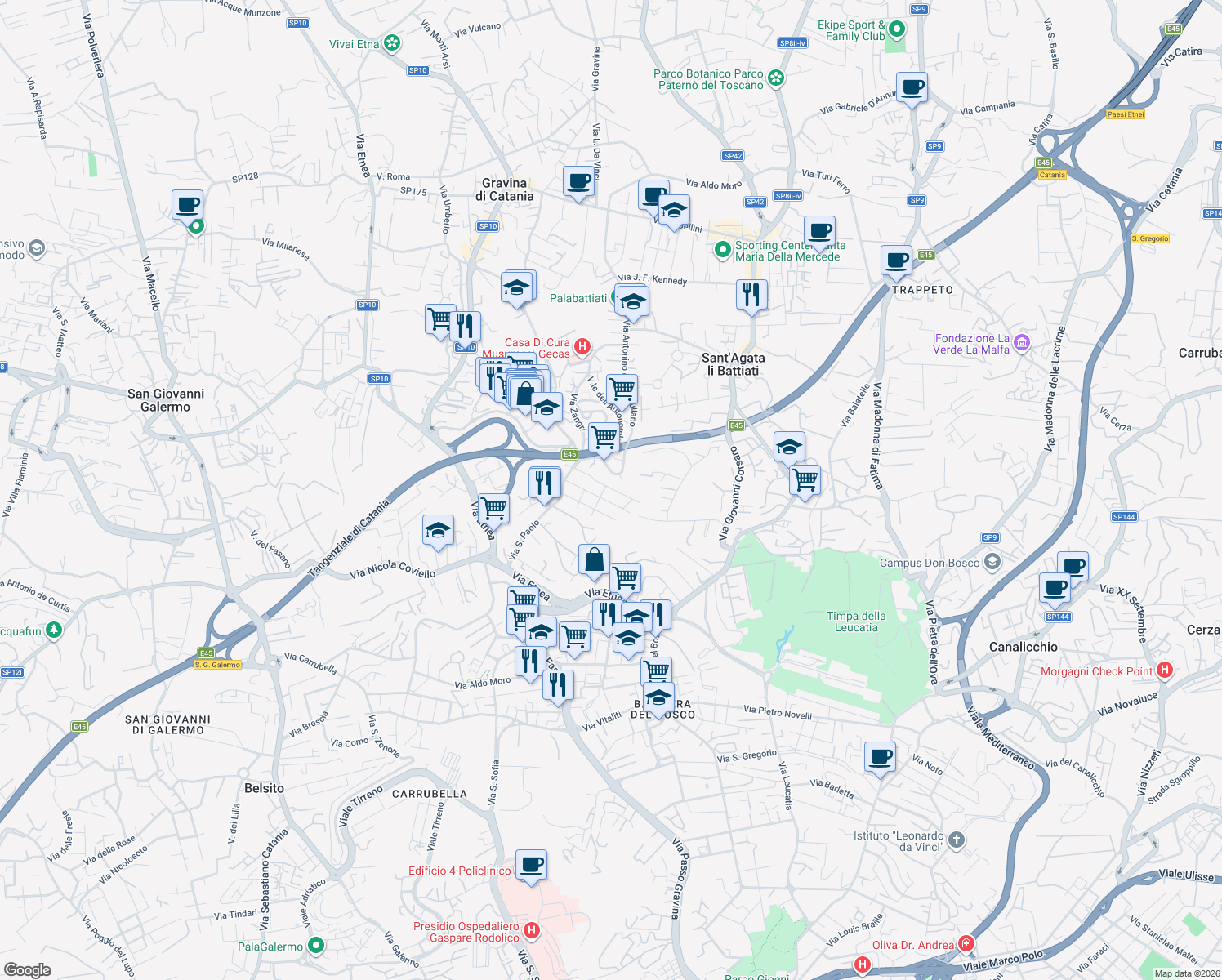 map of restaurants, bars, coffee shops, grocery stores, and more near 24 Via Trieste in Gravina di Catania