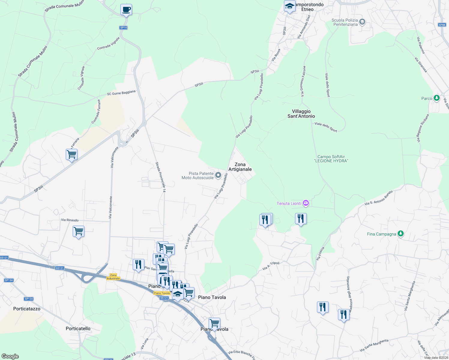 map of restaurants, bars, coffee shops, grocery stores, and more near 56 Via Luigi Pirandello in Città metropolitana di Catania