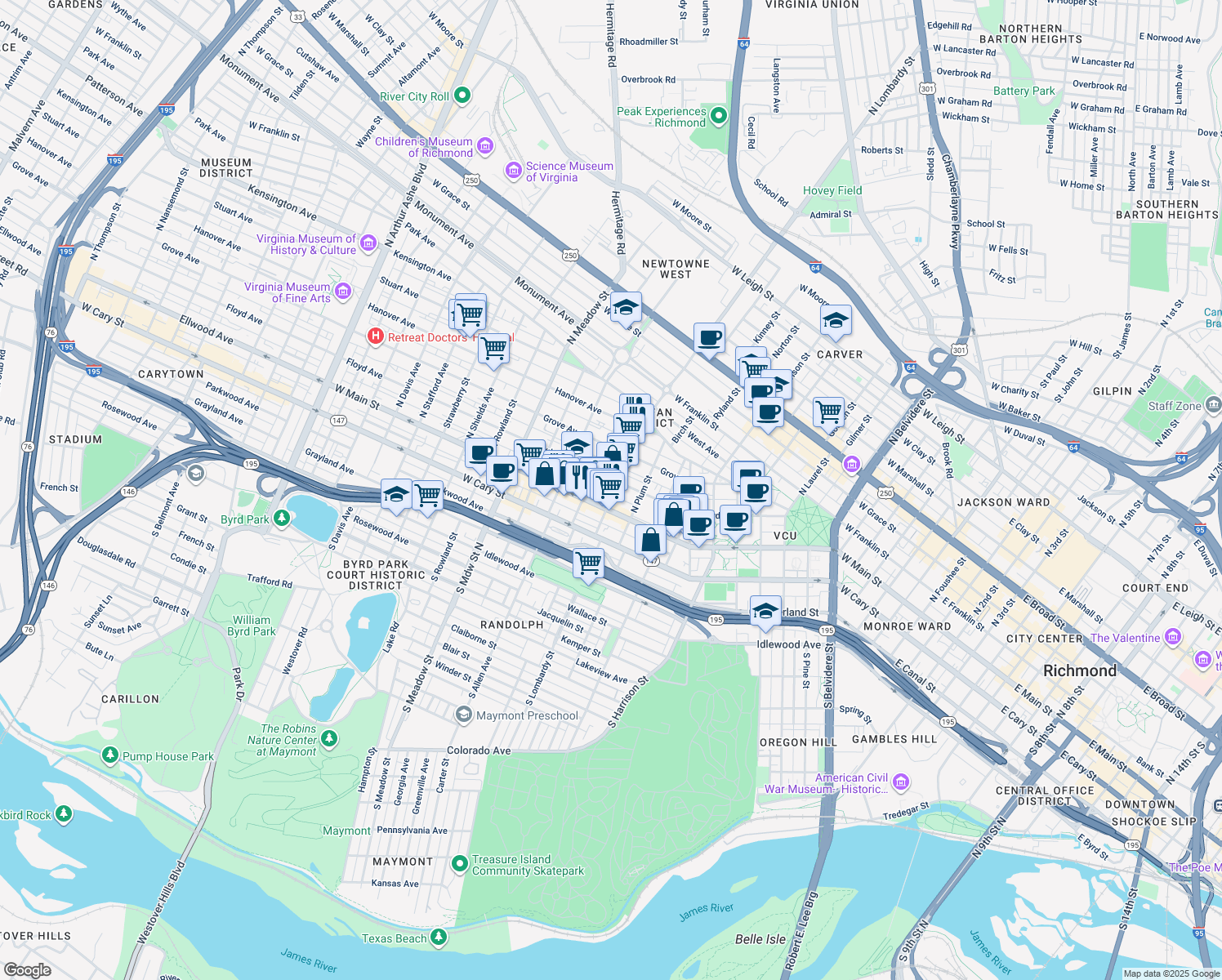 map of restaurants, bars, coffee shops, grocery stores, and more near 24 North Lombardy Street in Richmond