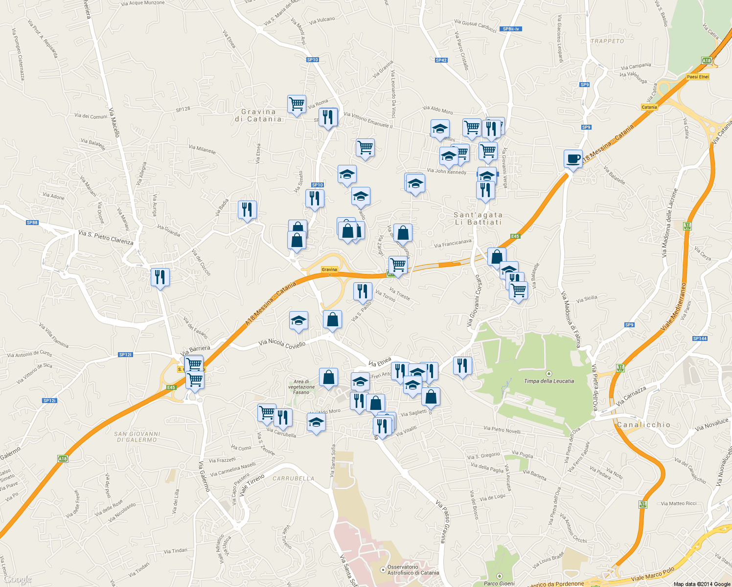 map of restaurants, bars, coffee shops, grocery stores, and more near Via San Domenico Salvo in Gravina di Catania