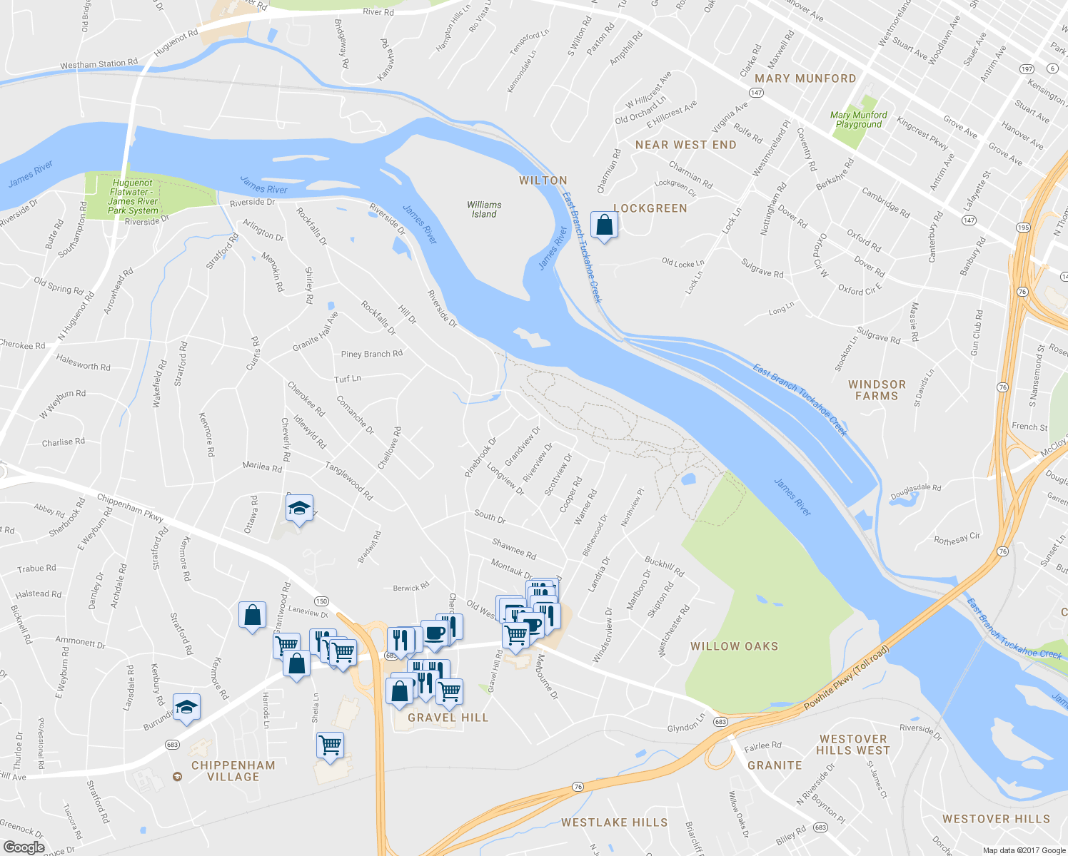 map of restaurants, bars, coffee shops, grocery stores, and more near 3536 Grandview Drive in Richmond