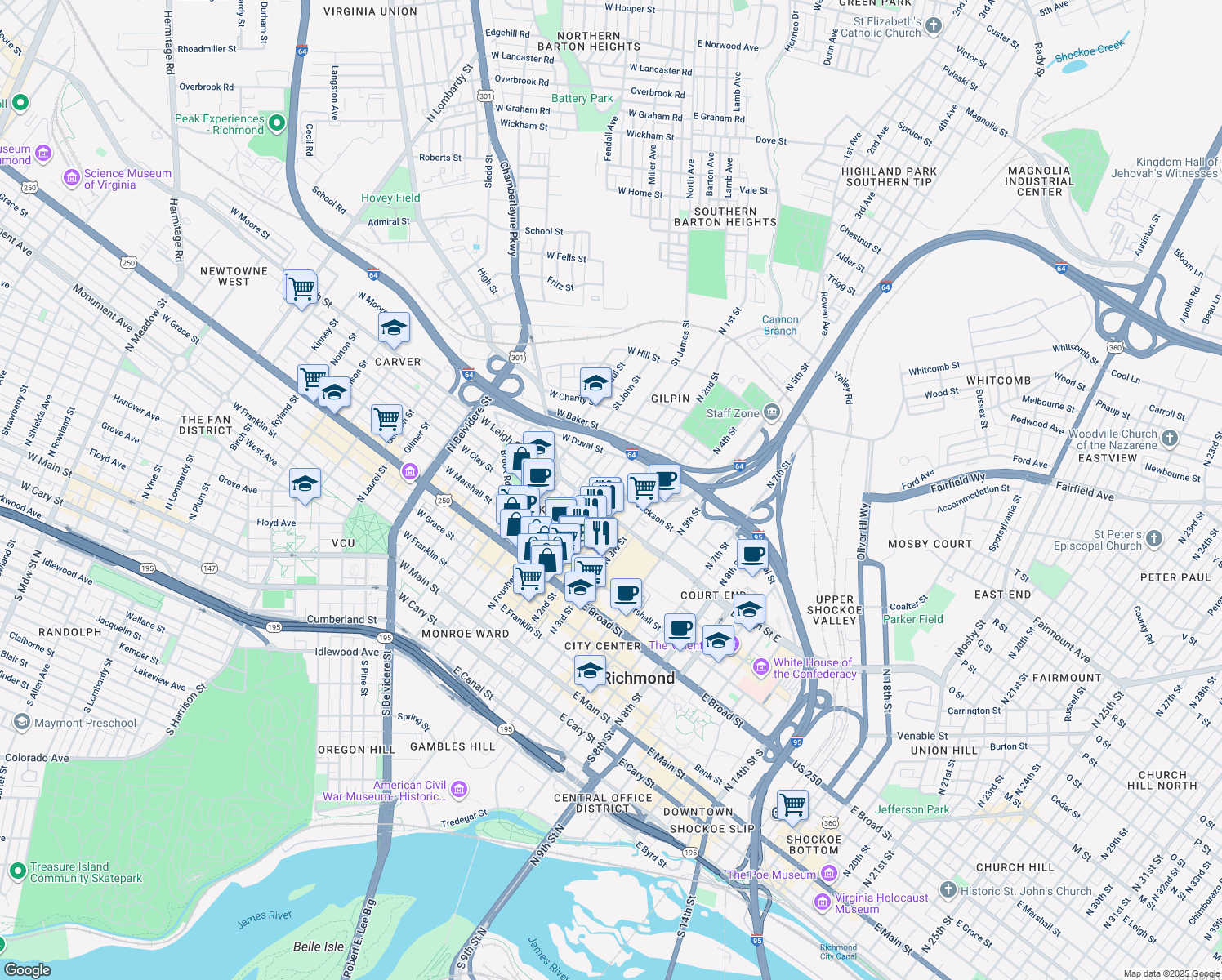 map of restaurants, bars, coffee shops, grocery stores, and more near 615 North 1st Street in Richmond