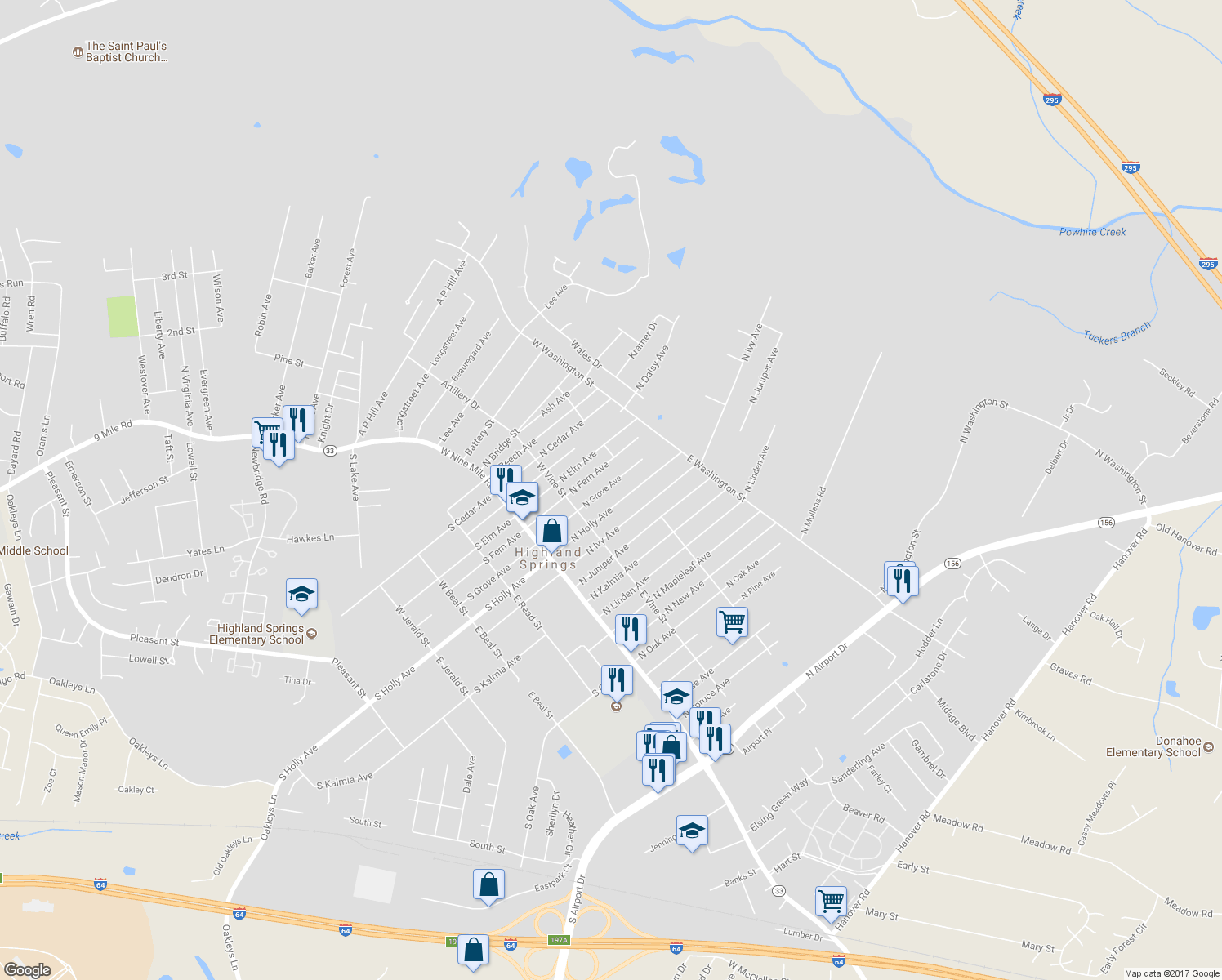 map of restaurants, bars, coffee shops, grocery stores, and more near 123 North Grove Avenue in Highland Springs