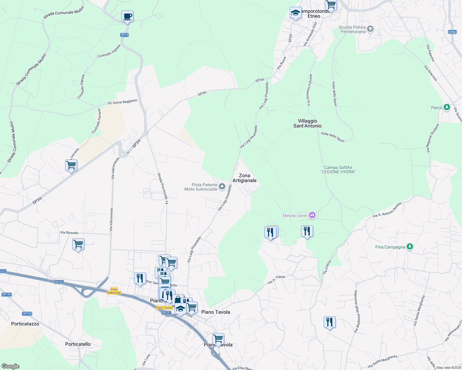 map of restaurants, bars, coffee shops, grocery stores, and more near 56 Via Luigi Pirandello in Città metropolitana di Catania