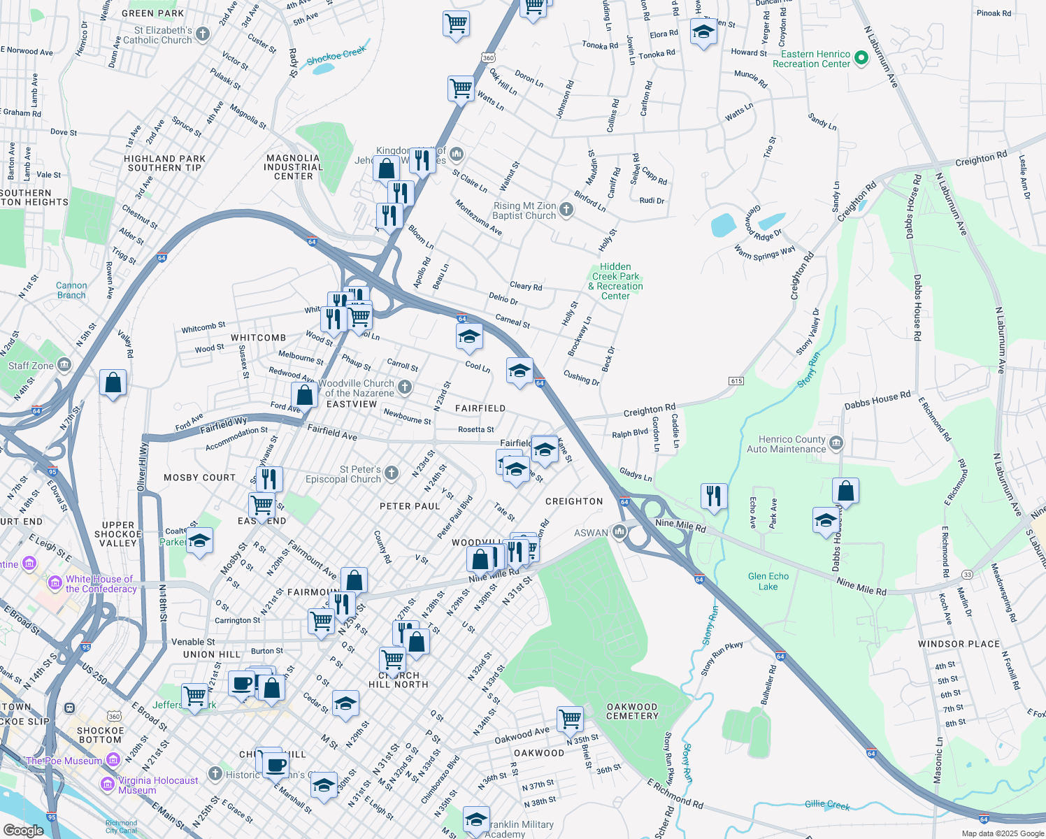 map of restaurants, bars, coffee shops, grocery stores, and more near 2603 Phaup Street in Richmond