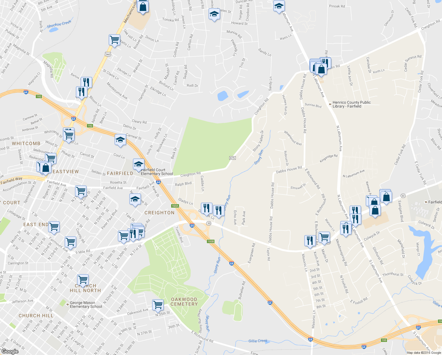 map of restaurants, bars, coffee shops, grocery stores, and more near 3067 Creighton Road in Richmond