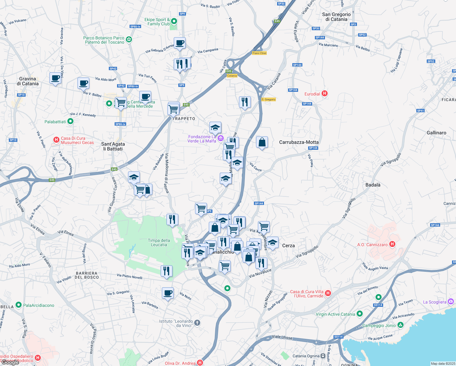 map of restaurants, bars, coffee shops, grocery stores, and more near 64 Via Madonna delle Lacrime in San Giovanni La Punta