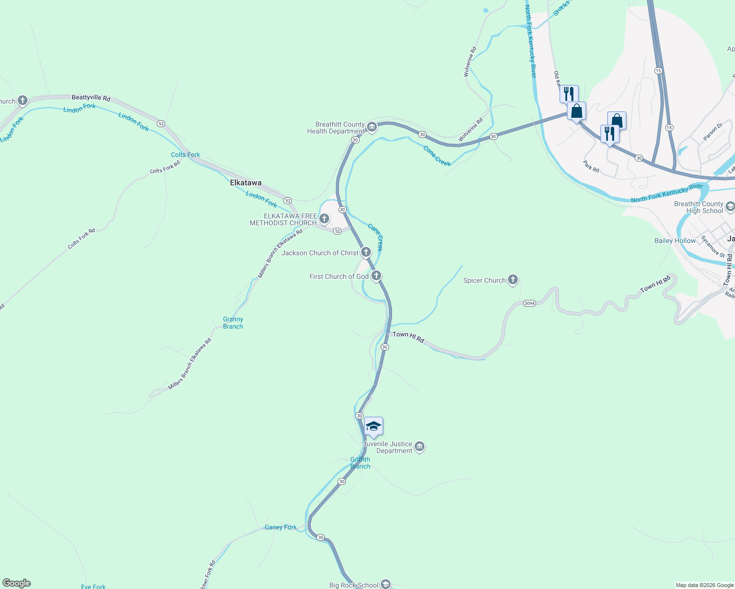 map of restaurants, bars, coffee shops, grocery stores, and more near 30 Chick Little Road in Jackson