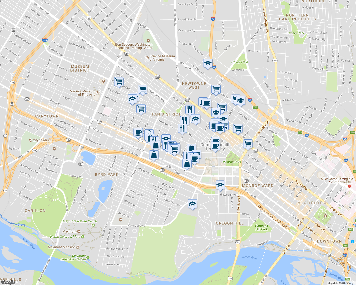 map of restaurants, bars, coffee shops, grocery stores, and more near 1603 Grove Avenue in Richmond