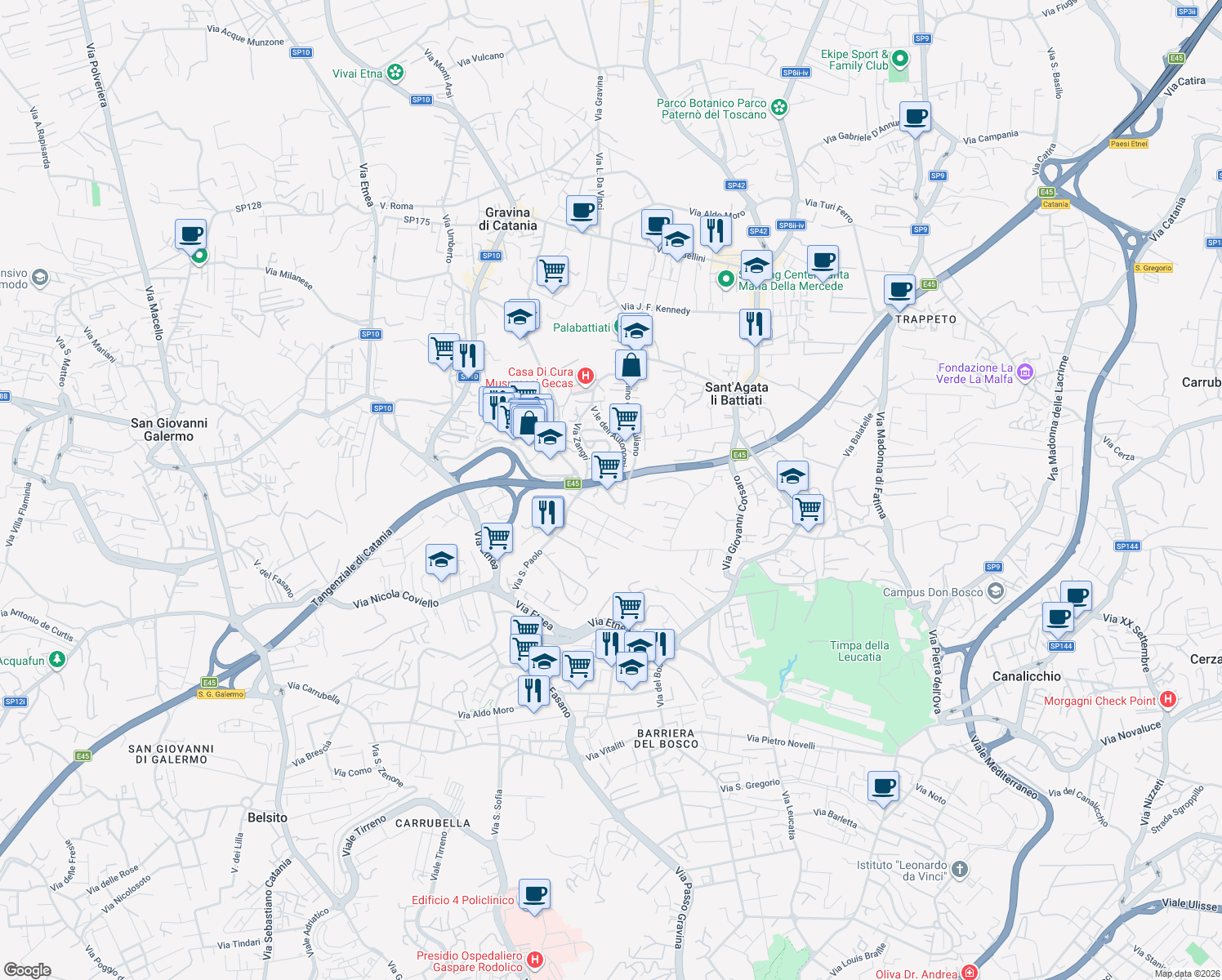 map of restaurants, bars, coffee shops, grocery stores, and more near 3 Via Giacomo Puccini in Gravina di Catania