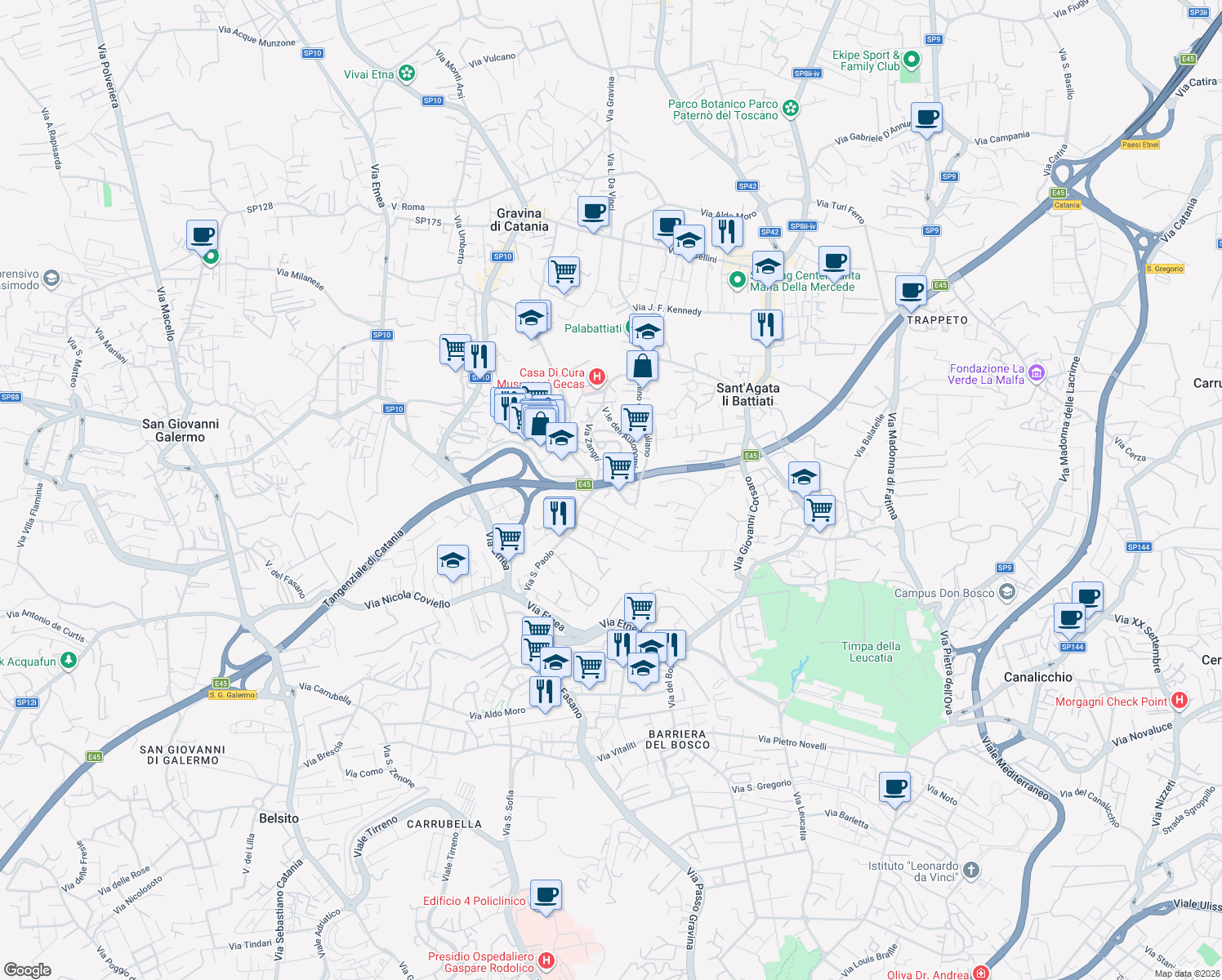 map of restaurants, bars, coffee shops, grocery stores, and more near 3 Via Giacomo Puccini in Gravina di Catania