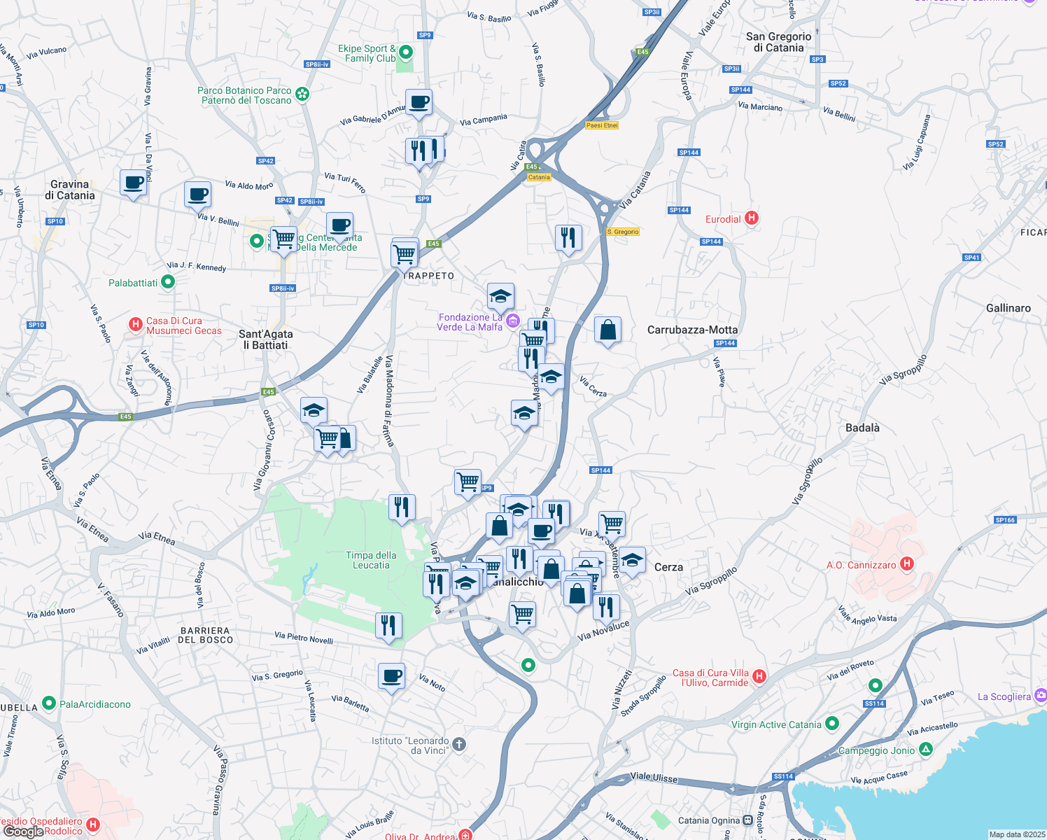 map of restaurants, bars, coffee shops, grocery stores, and more near 64 Via Madonna delle Lacrime in San Giovanni La Punta