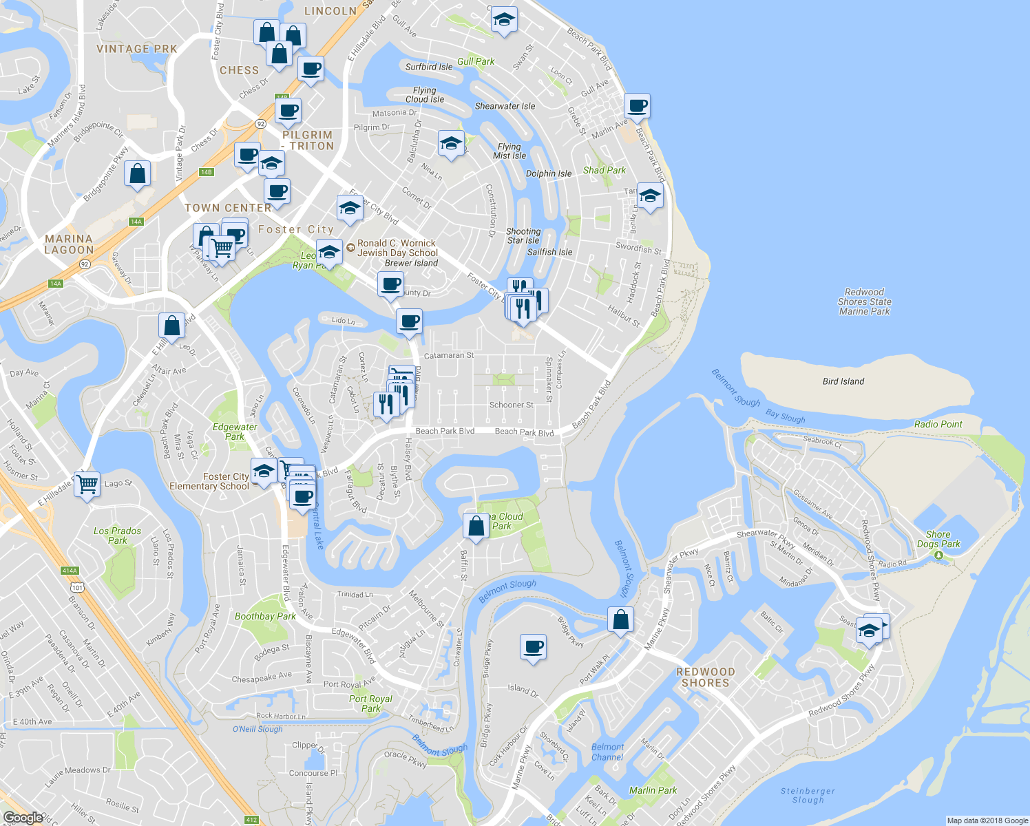 map of restaurants, bars, coffee shops, grocery stores, and more near 310 Staysail Court in Foster City