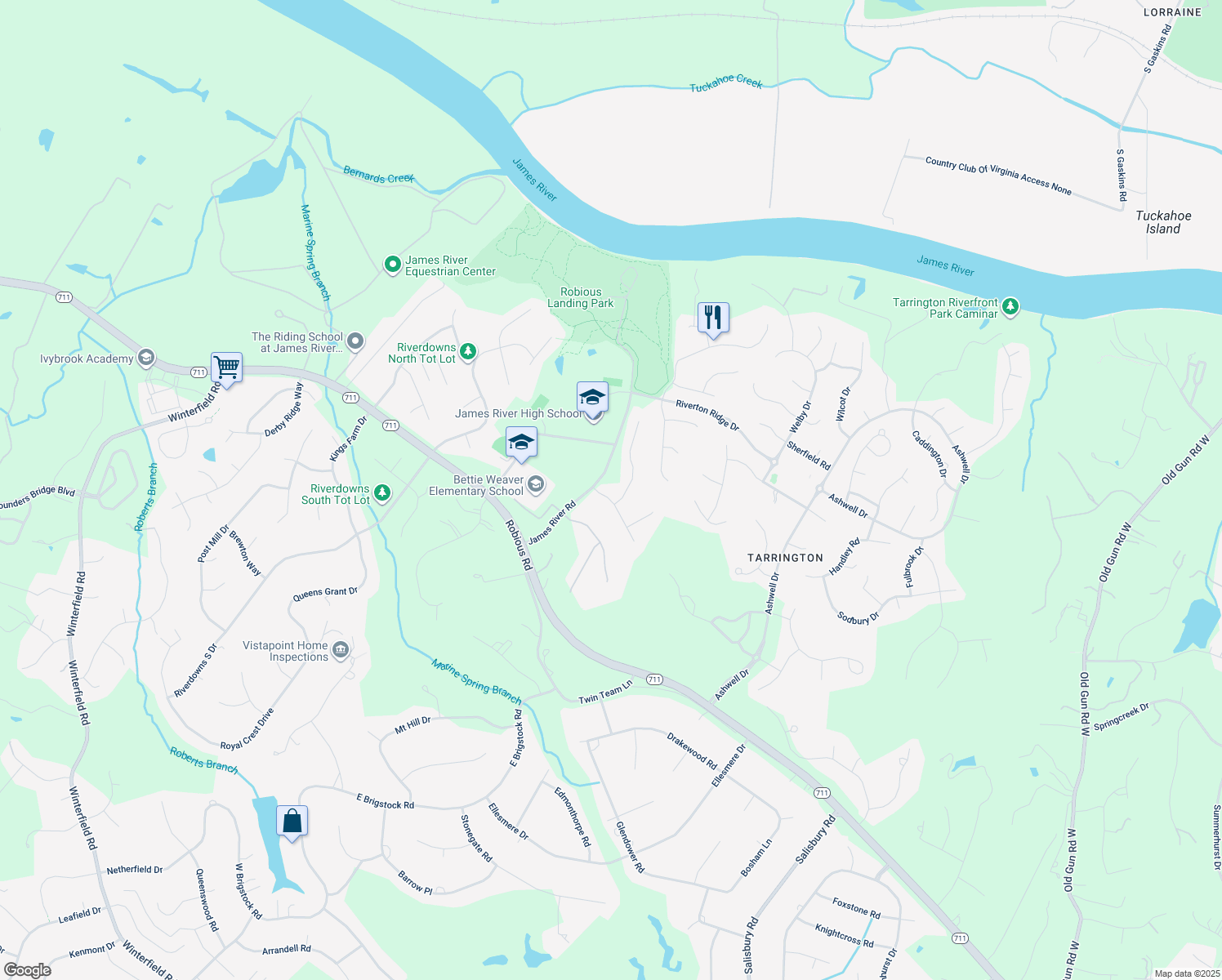 map of restaurants, bars, coffee shops, grocery stores, and more near 13706 Rivermist Road in Midlothian