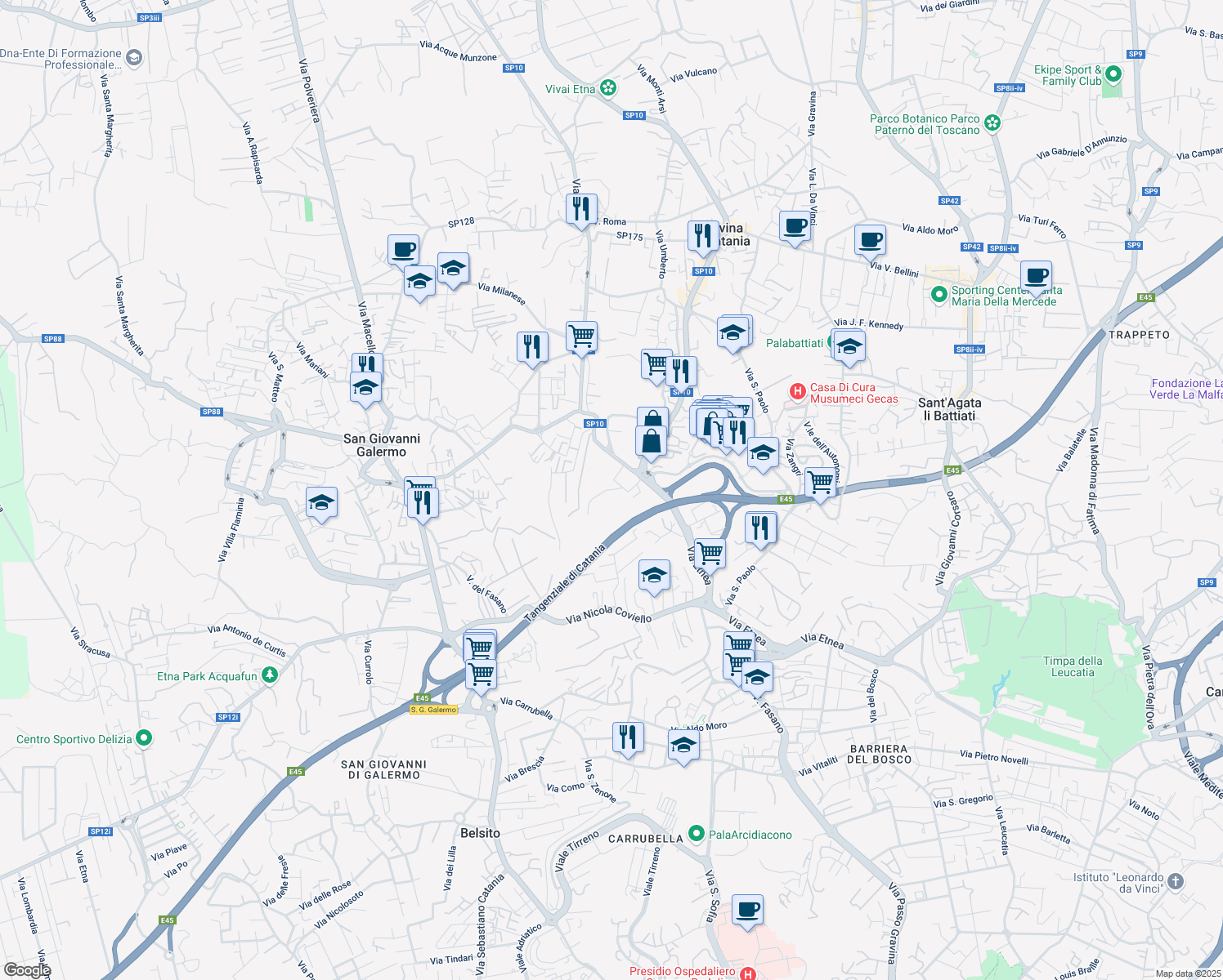 map of restaurants, bars, coffee shops, grocery stores, and more near 15 Via Giuseppe Ungaretti in Città metropolitana di Catania