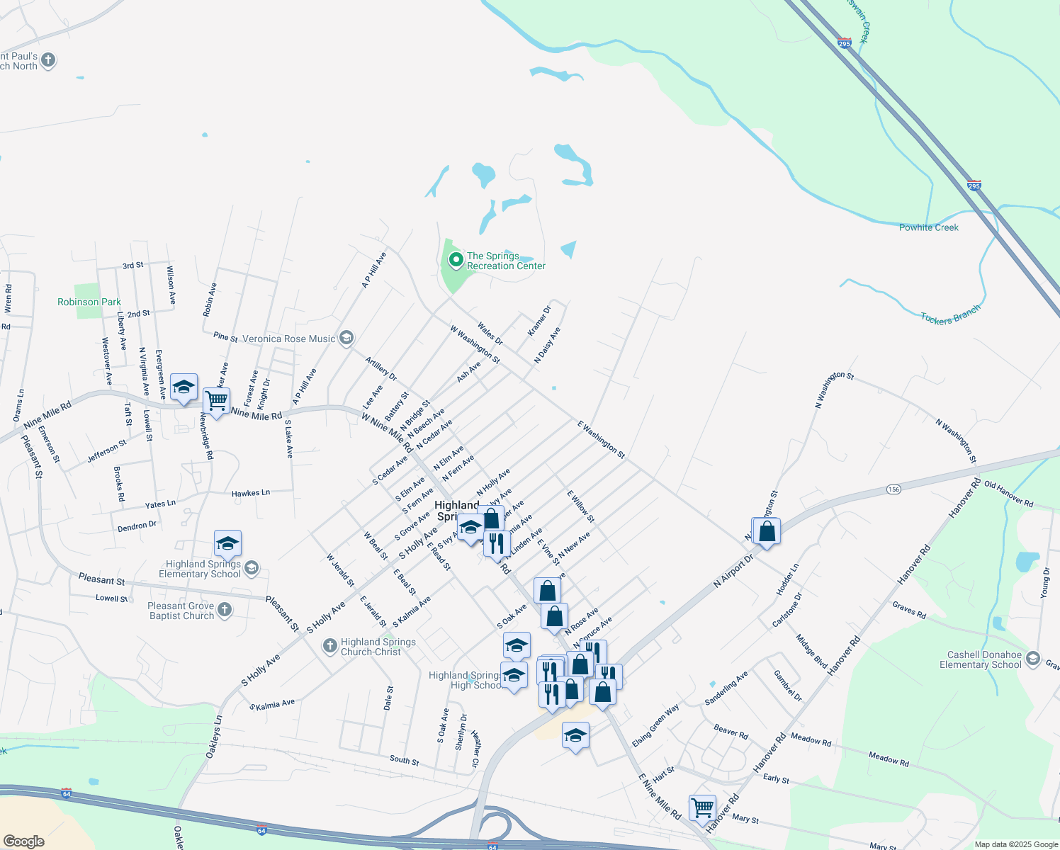 map of restaurants, bars, coffee shops, grocery stores, and more near 204 North Grove Avenue in Henrico