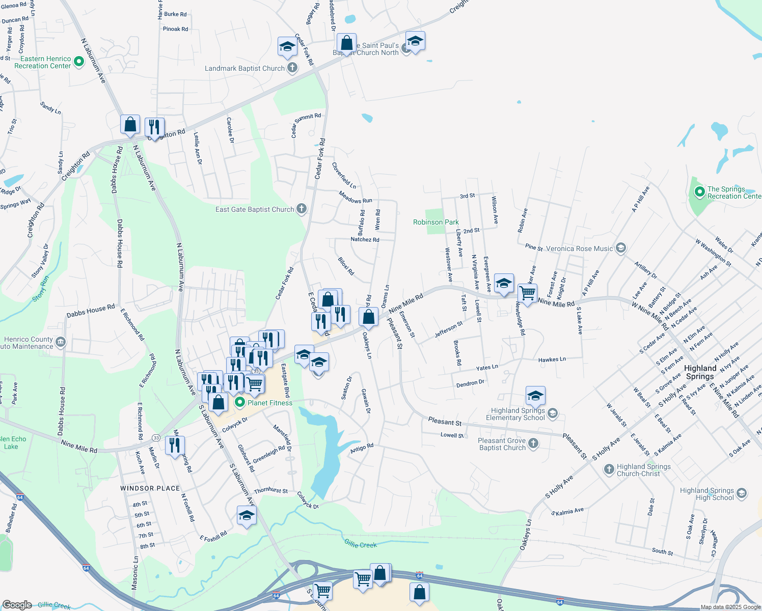 map of restaurants, bars, coffee shops, grocery stores, and more near 4 Orams Lane in Richmond