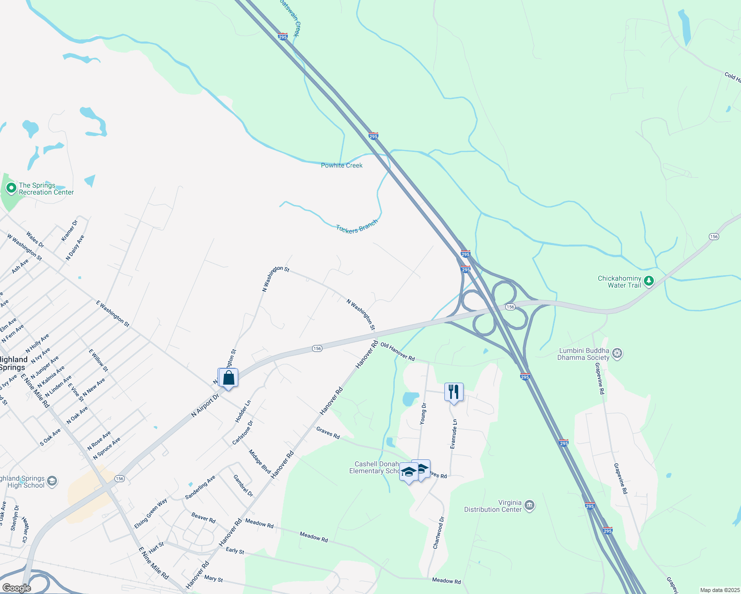 map of restaurants, bars, coffee shops, grocery stores, and more near 1901 Fairystone Road in Highland Springs