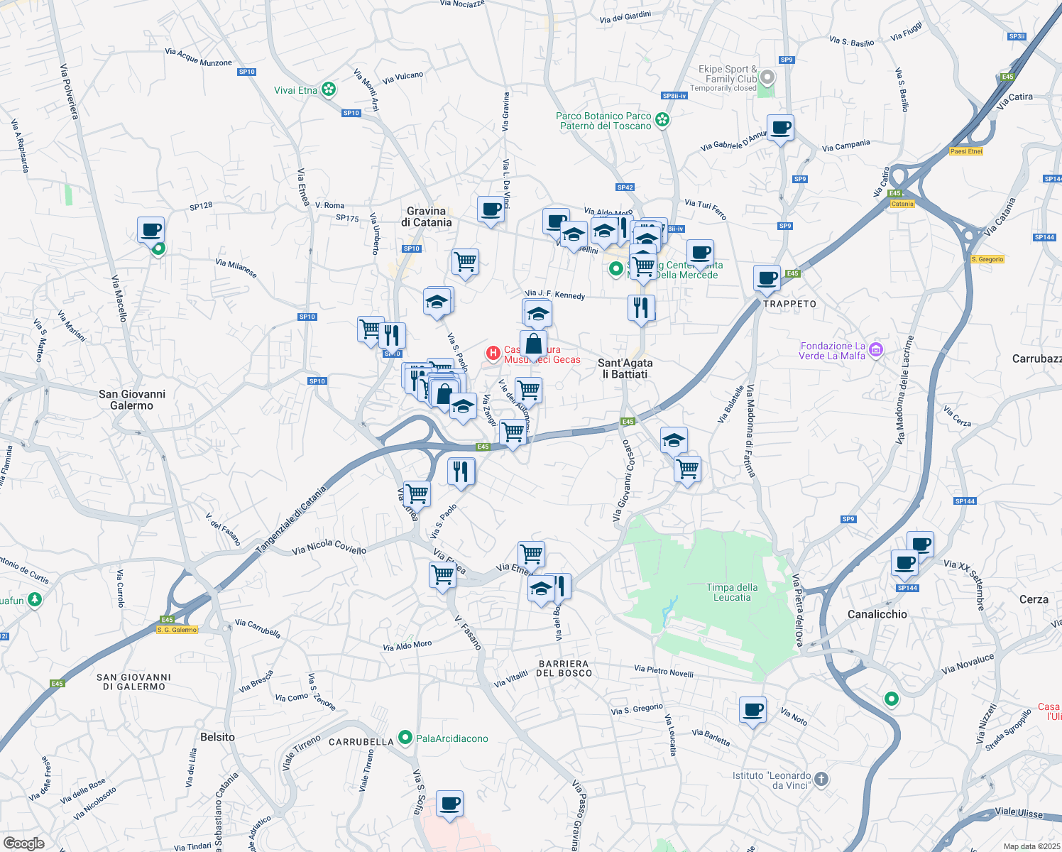 map of restaurants, bars, coffee shops, grocery stores, and more near 103 Via A. di Sangiuliano in Sant'agata Li Battiati
