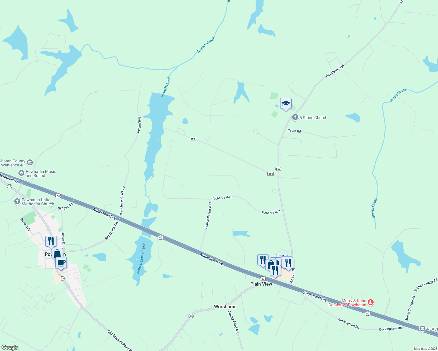 map of restaurants, bars, coffee shops, grocery stores, and more near 2315 Mary Goodwyn Road in Powhatan