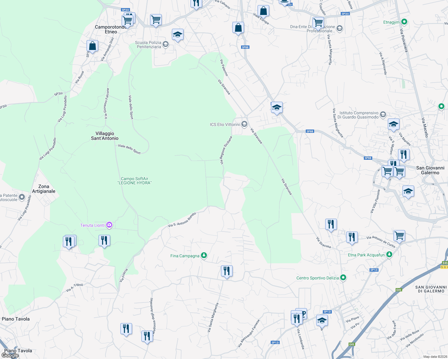 map of restaurants, bars, coffee shops, grocery stores, and more near 38 Via Regione Siciliana in Città metropolitana di Catania