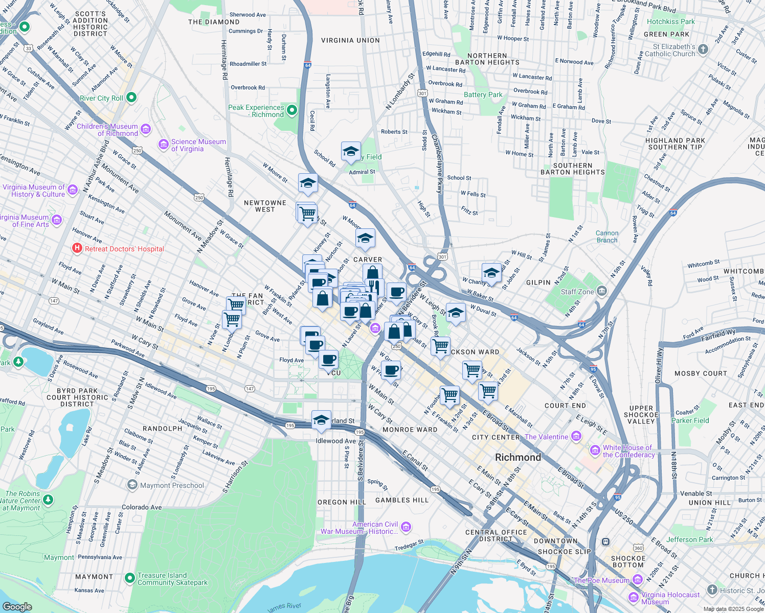 map of restaurants, bars, coffee shops, grocery stores, and more near 407 Gilmer Street in Richmond