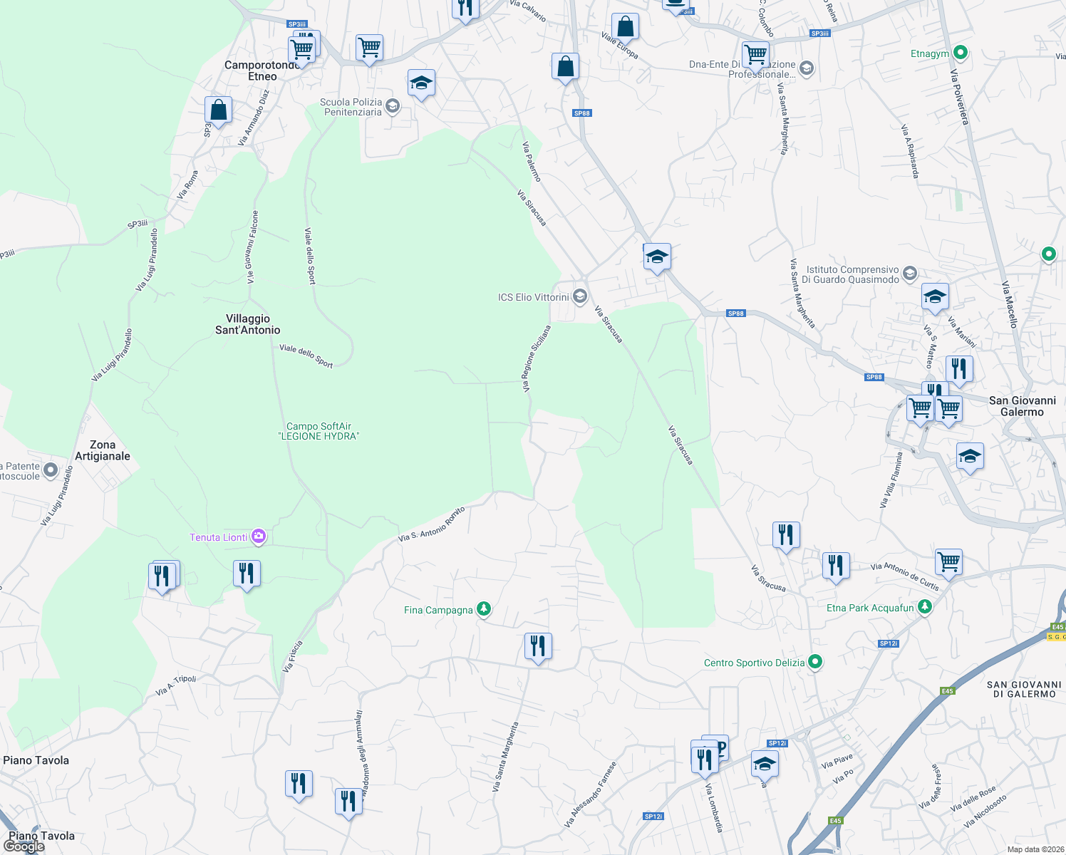 map of restaurants, bars, coffee shops, grocery stores, and more near 38 Via Regione Siciliana in Città metropolitana di Catania