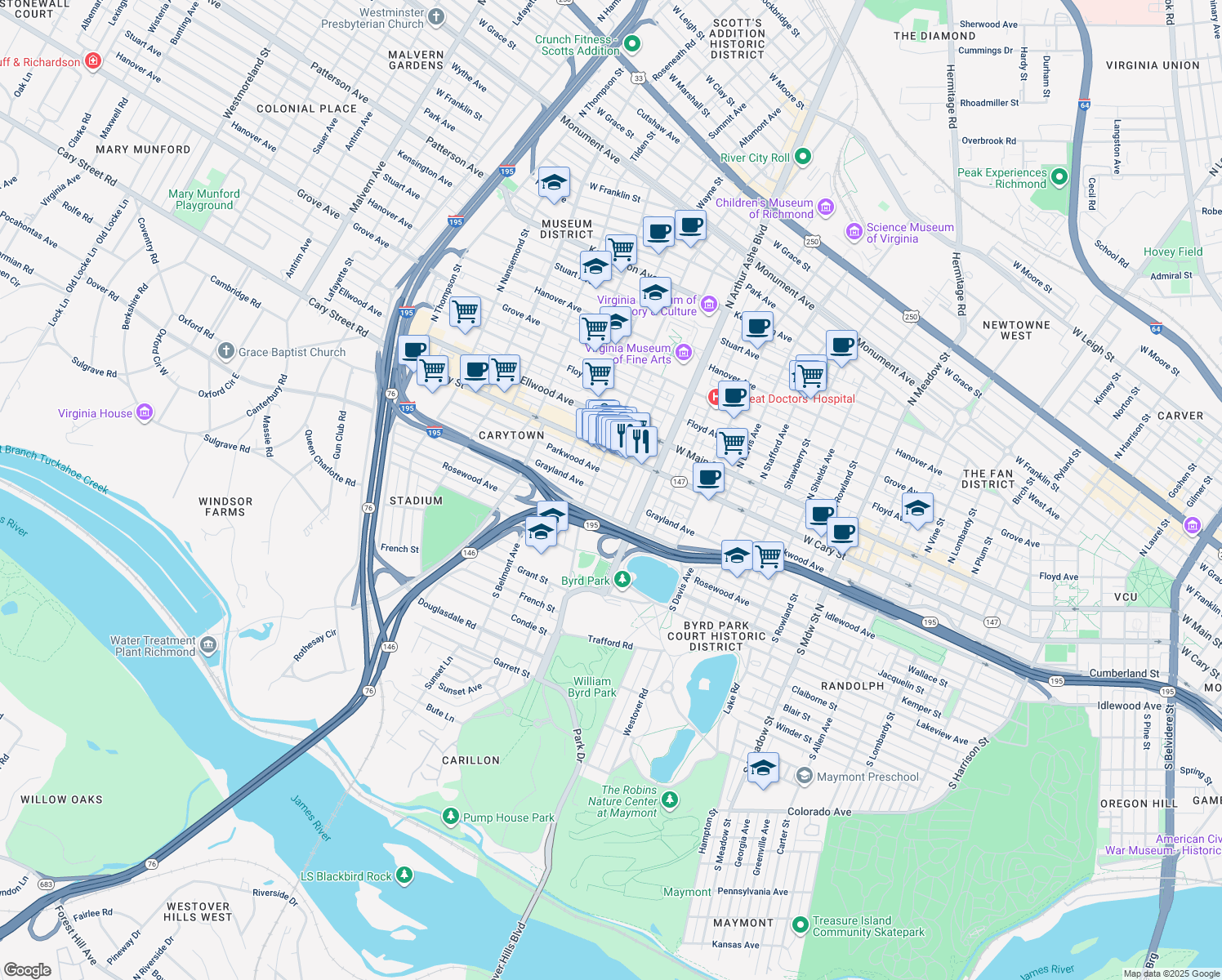 map of restaurants, bars, coffee shops, grocery stores, and more near 2900 Grayland Avenue in Richmond