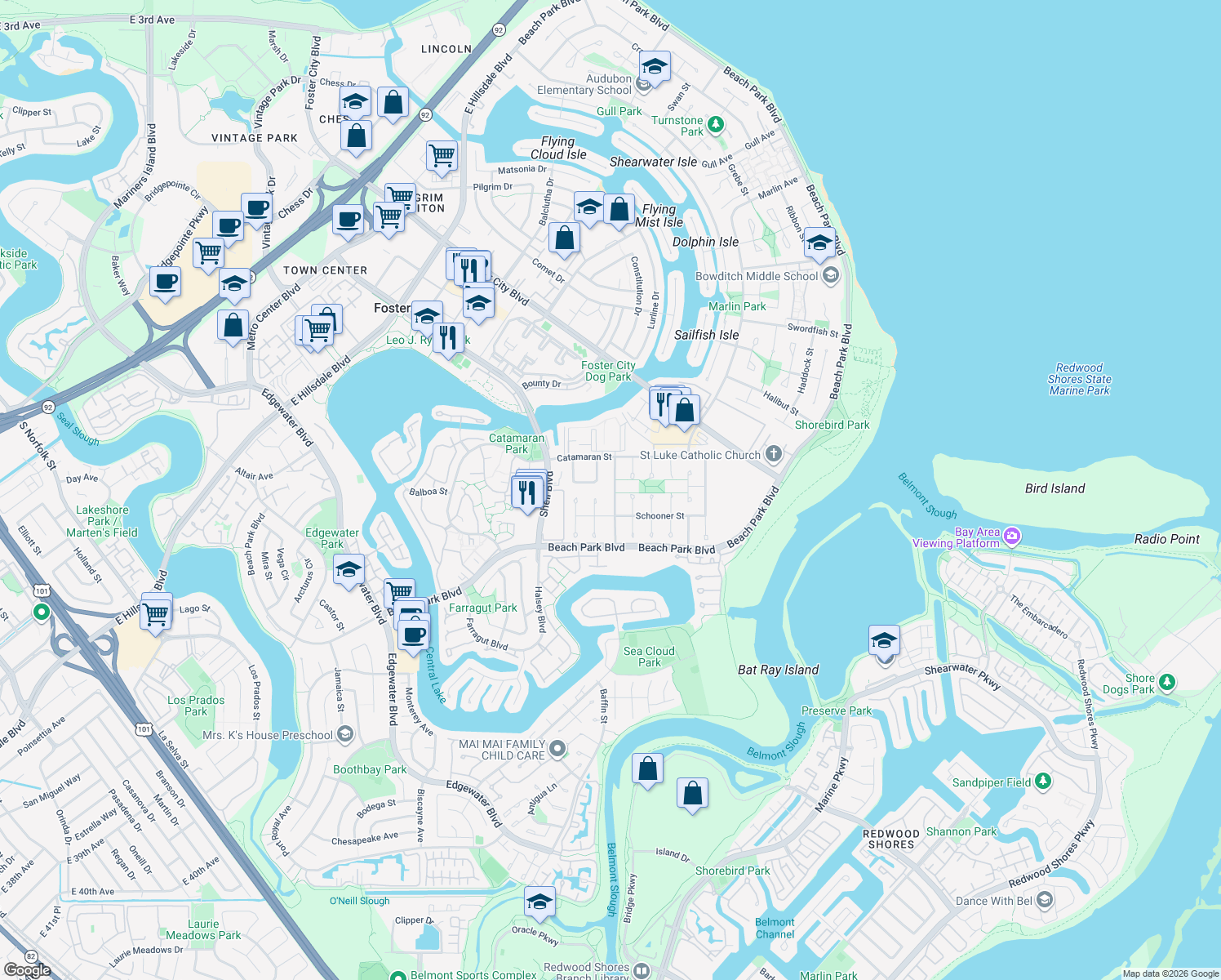 map of restaurants, bars, coffee shops, grocery stores, and more near 142 Barkentine Street in Foster City