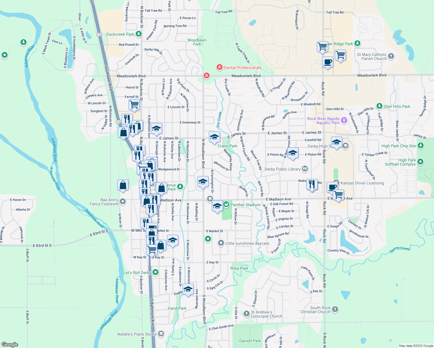 map of restaurants, bars, coffee shops, grocery stores, and more near 913 Wedgewood Dr in Derby
